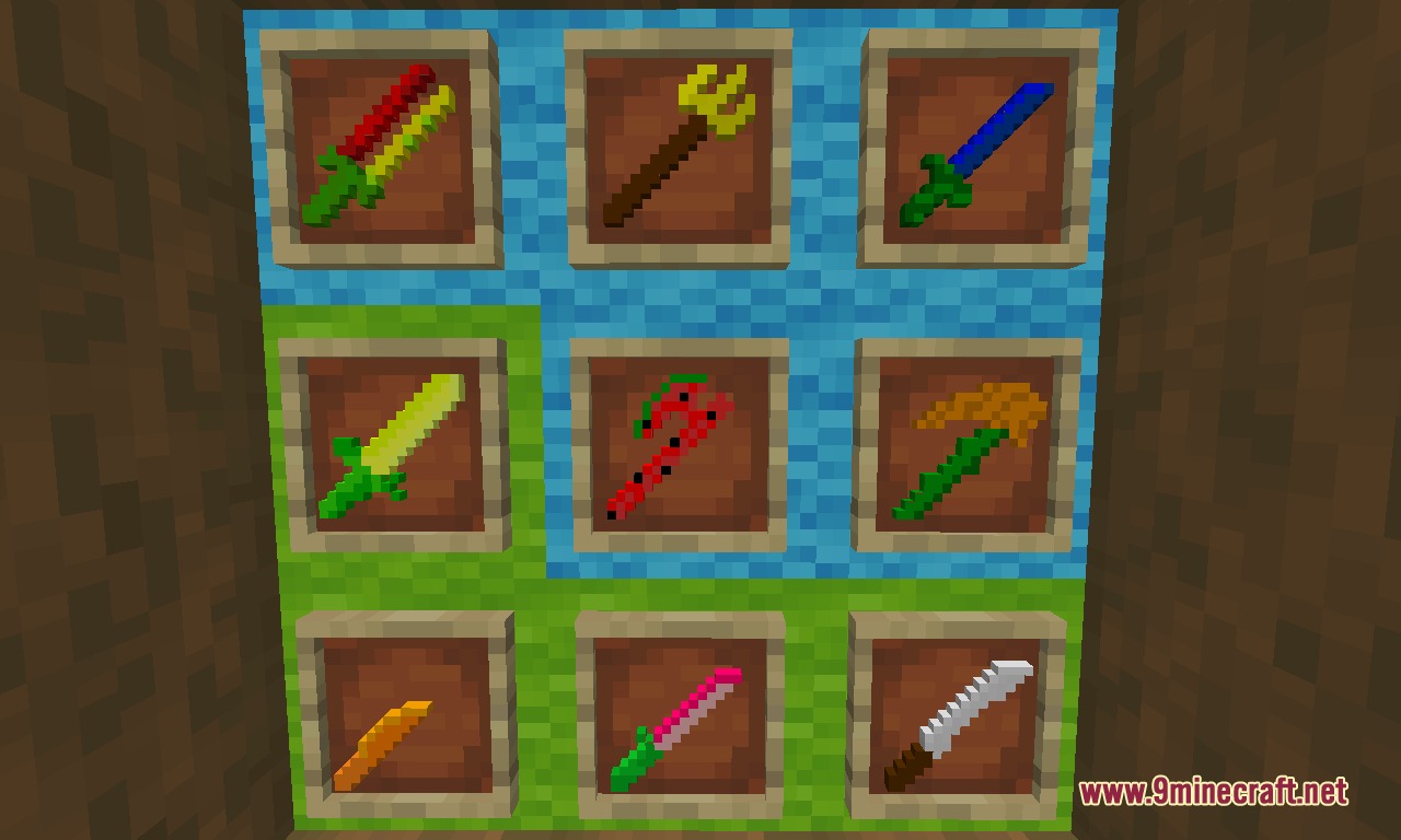 Crazy Weapons RPG Mod Screenshot 5 Colorful custom weapons from the Crazy Weapons RPG Mod displayed in item frames