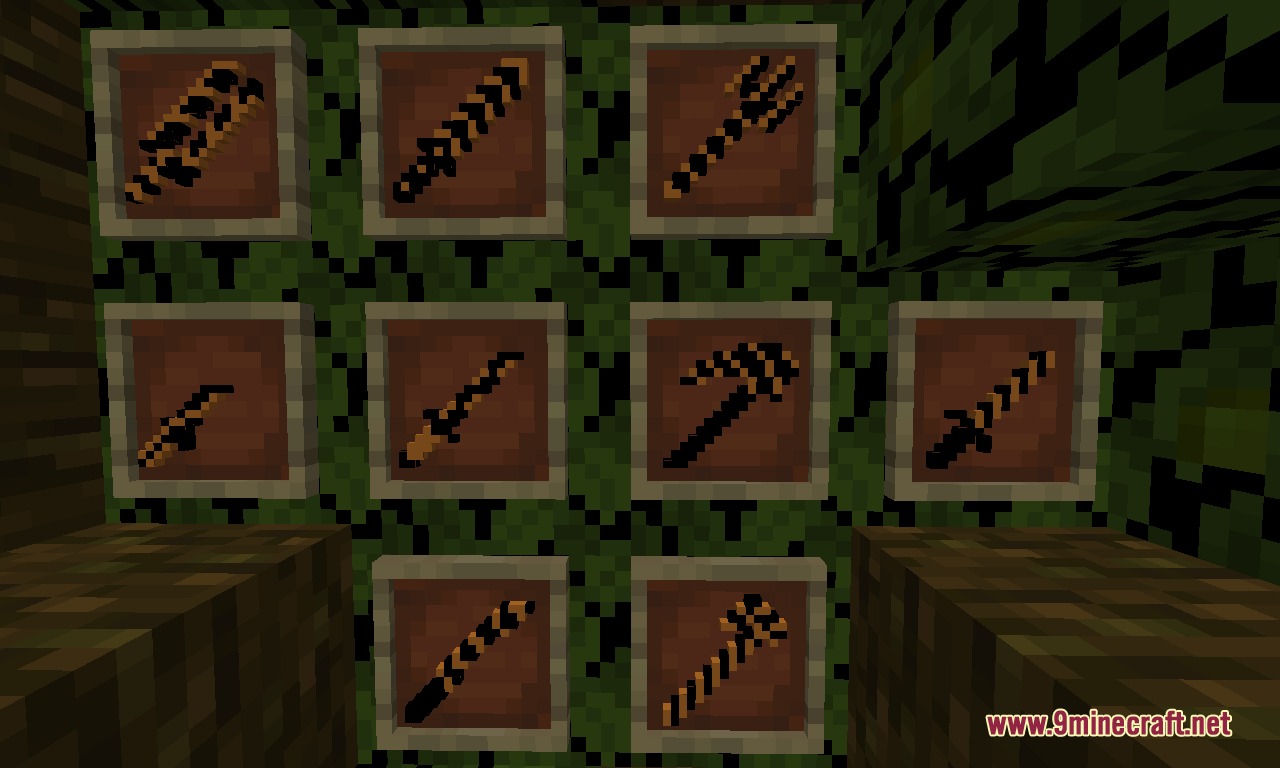Crazy Weapons RPG Mod Screenshot 6 Dark patterned weapons with tiger stripes displayed in item frames on leaf blocks