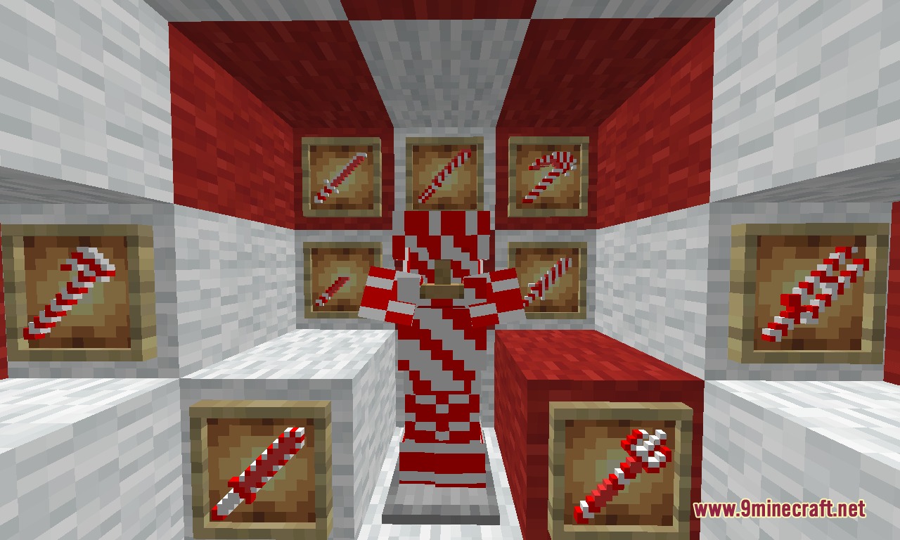 Crazy Weapons RPG Mod Screenshot 7 Candy cane armor and weapons displayed on walls and an armor stand