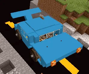 Car Schematic Screenshots 1 The blue blocky car driving on a road next to some grass blocks
