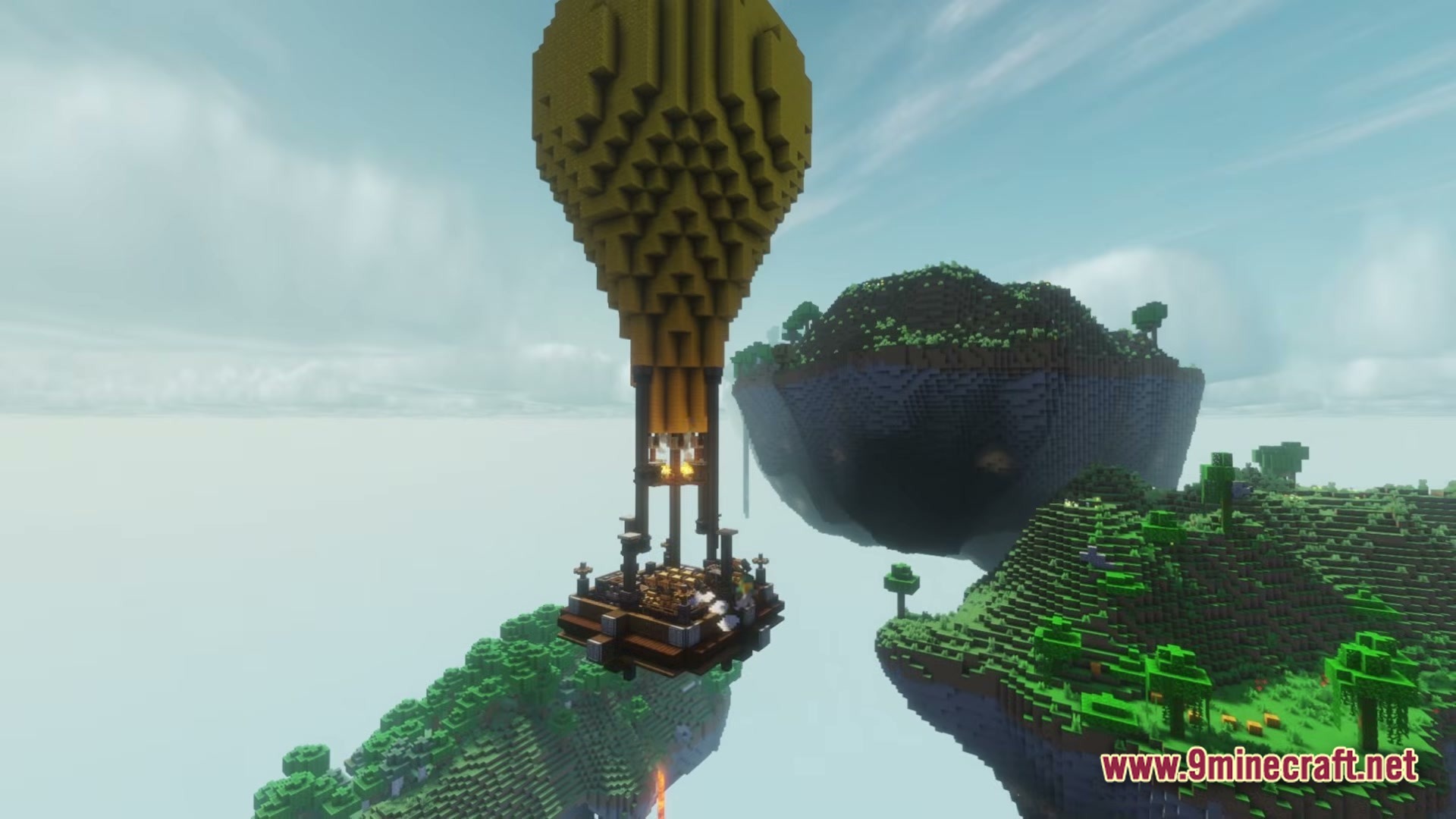 Create Aeronautica Modpack Screenshot 1 A yellow hot air balloon flies through a sky filled with floating islands and green biomes