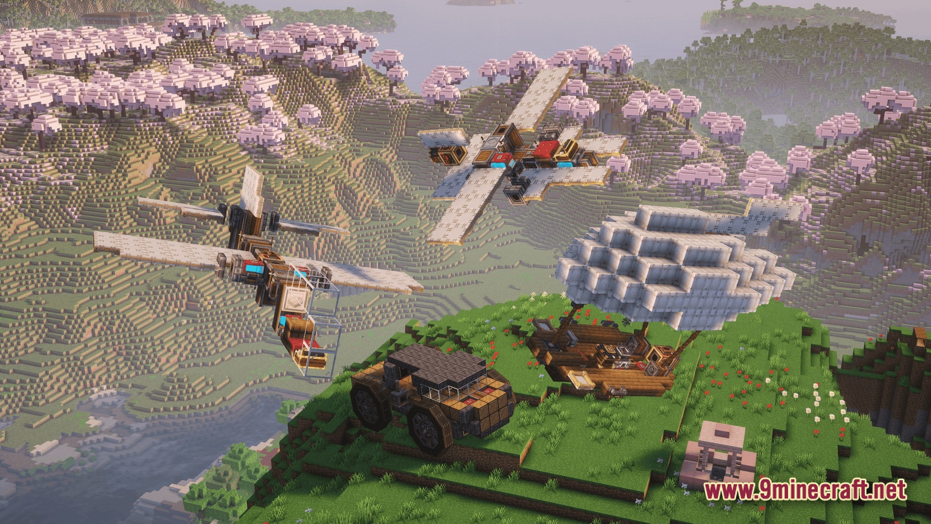 Create Aeronautica Modpack Screenshot 10 Custom aircraft and a land vehicle positioned over a cherry blossom mountain biome