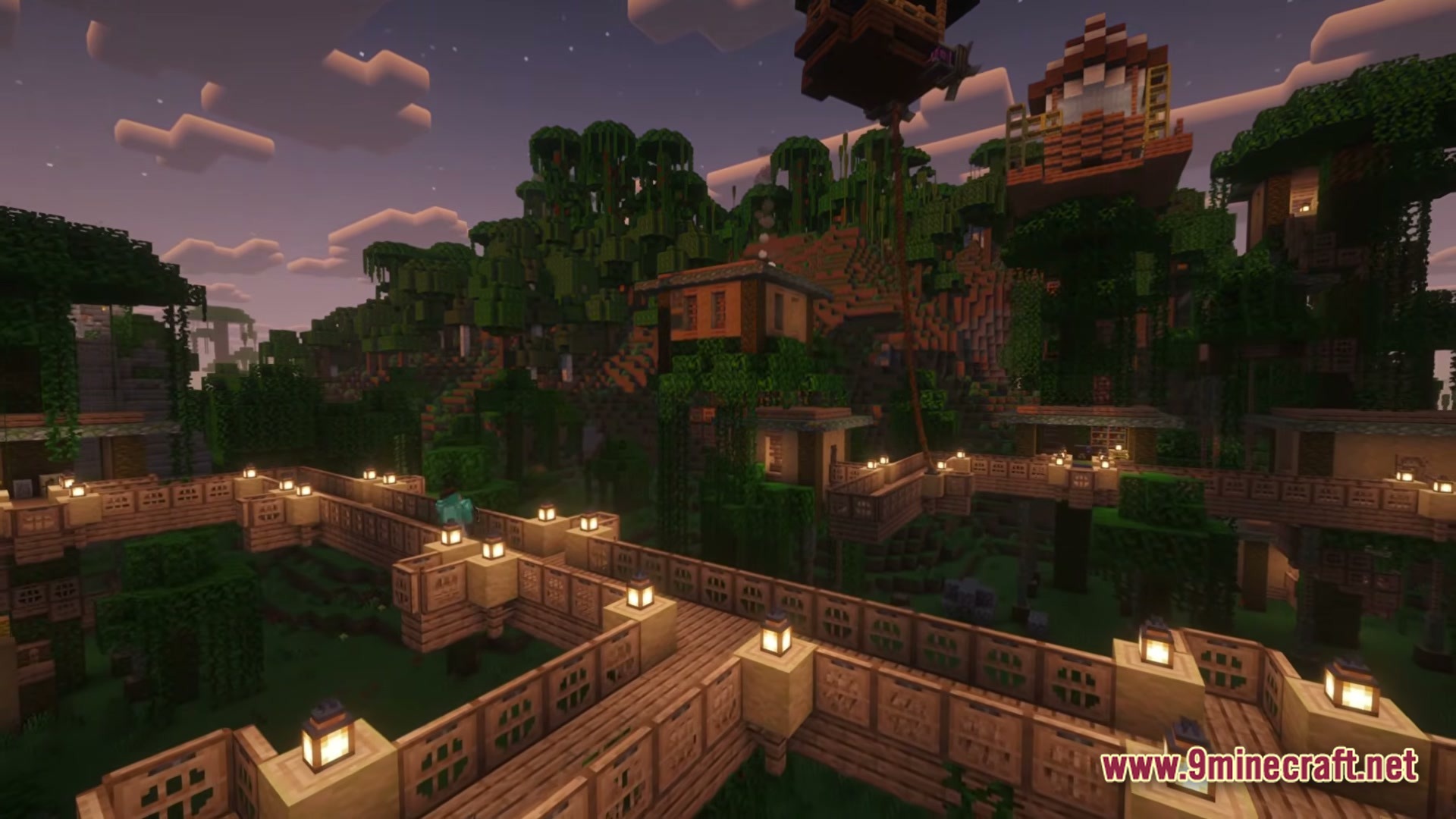 Create Aeronautica Modpack Screenshot 3 A network of wooden walkways and buildings illuminated by lanterns within a dense jungle biome