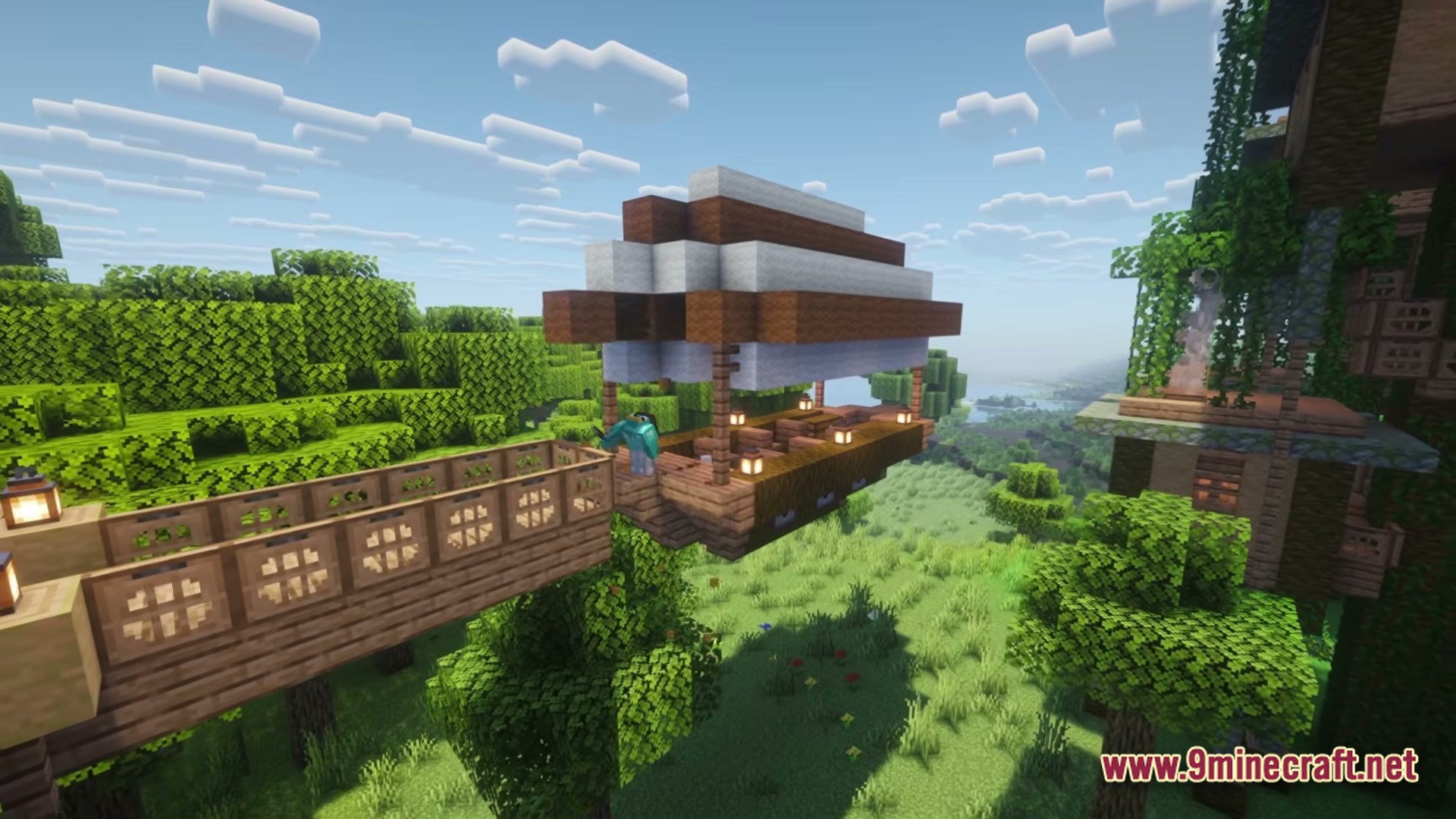 Create Aeronautica Modpack Screenshot 4 A wooden airship docked at a bridge overlooking a lush green forest biome