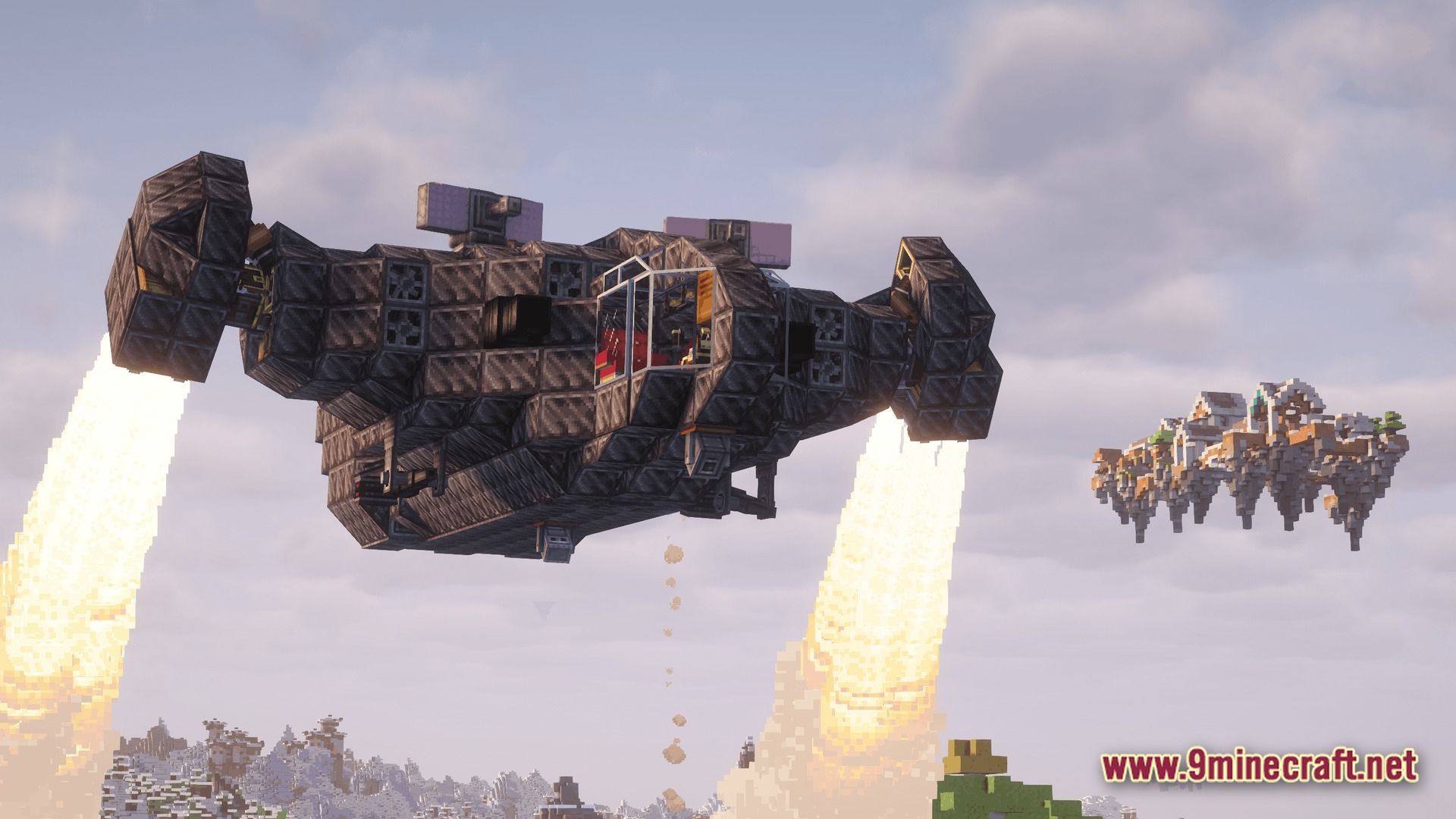 Create Aeronautica Modpack Screenshot 7 A large industrial aircraft with glowing thrusters flies through the sky near a floating island village
