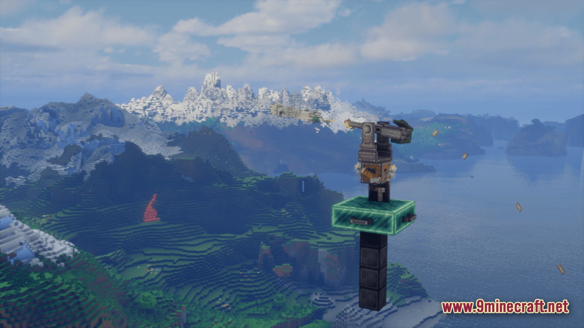 Create Aeronautica Modpack Screenshot 8 An automated turret fires from a high platform overlooking a mountainous landscape and coastal biome