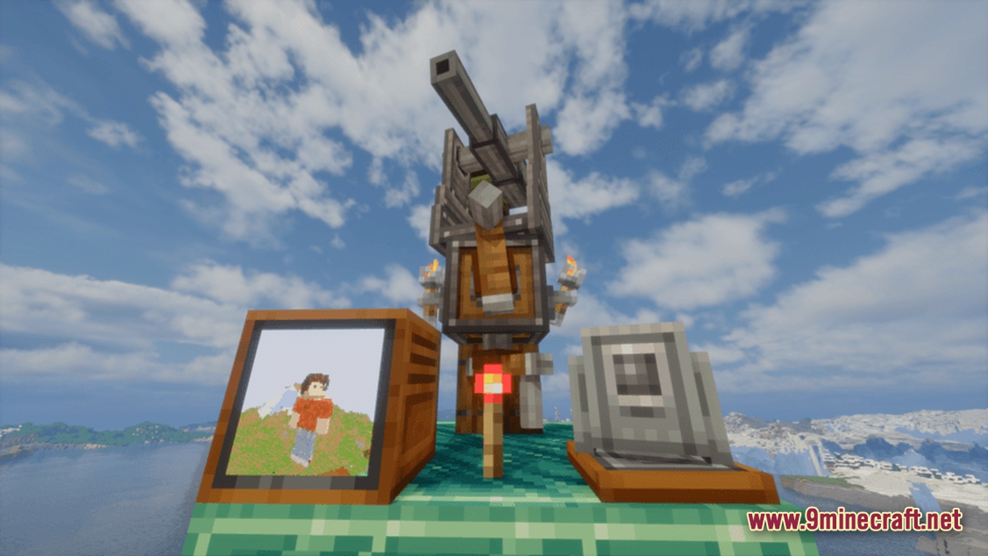 Create Aeronautica Modpack Screenshot 9 A mounted mechanical cannon stands behind a monitor and control panel overlooking a coastal landscape