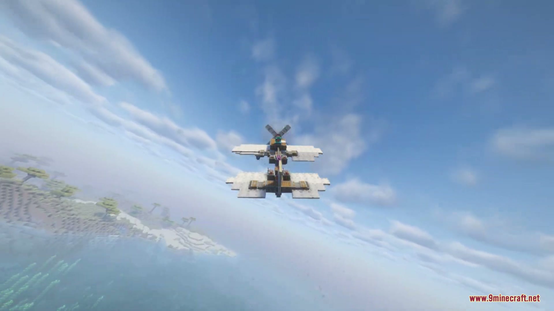 Create Aeroworks Mod Screenshot 2 A white biplane soaring through the sky over islands and blue water