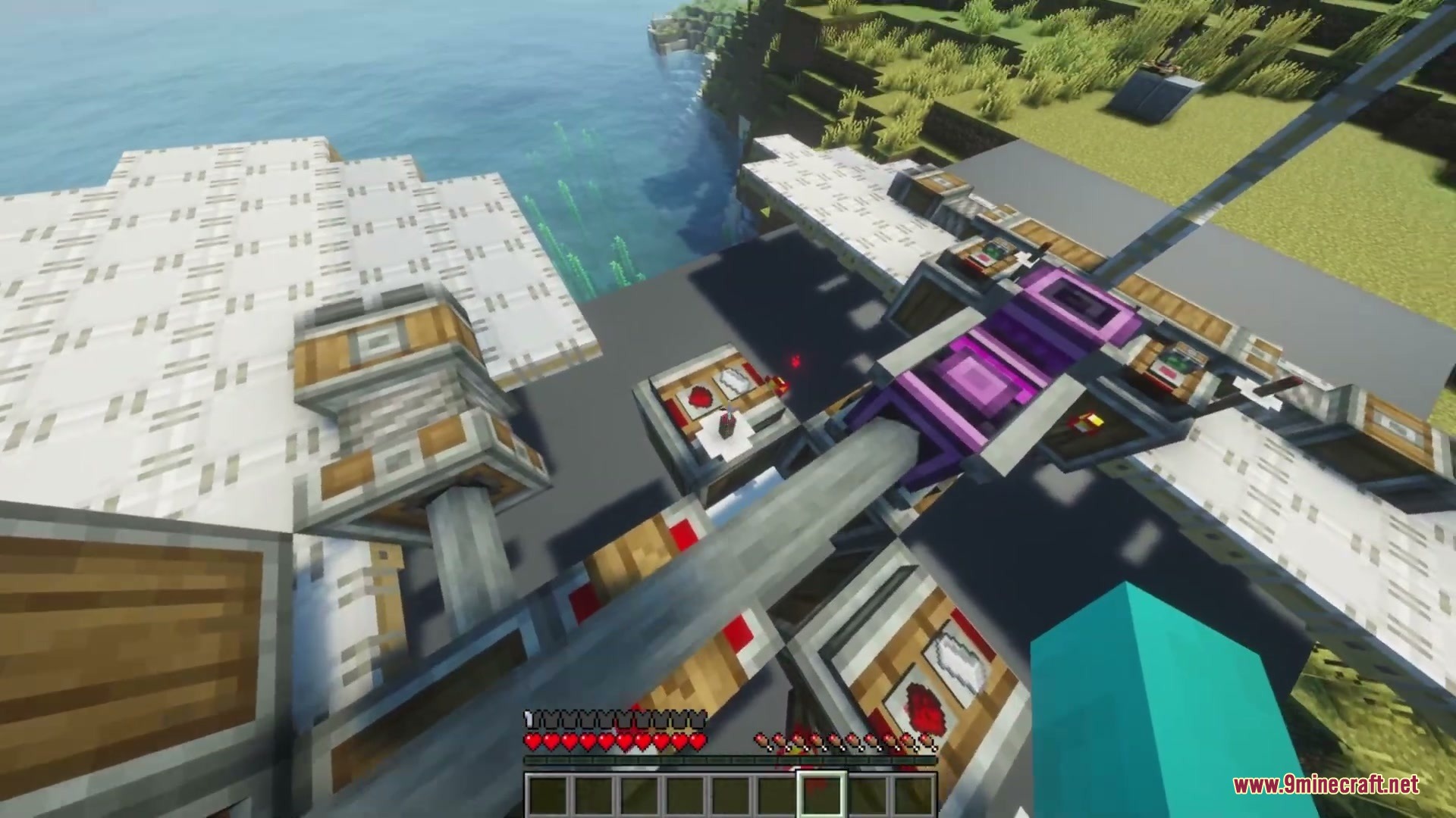 Create Aeroworks Mod Screenshot 5 Player looking down at a complex mechanical airship build with Create Aeroworks blocks