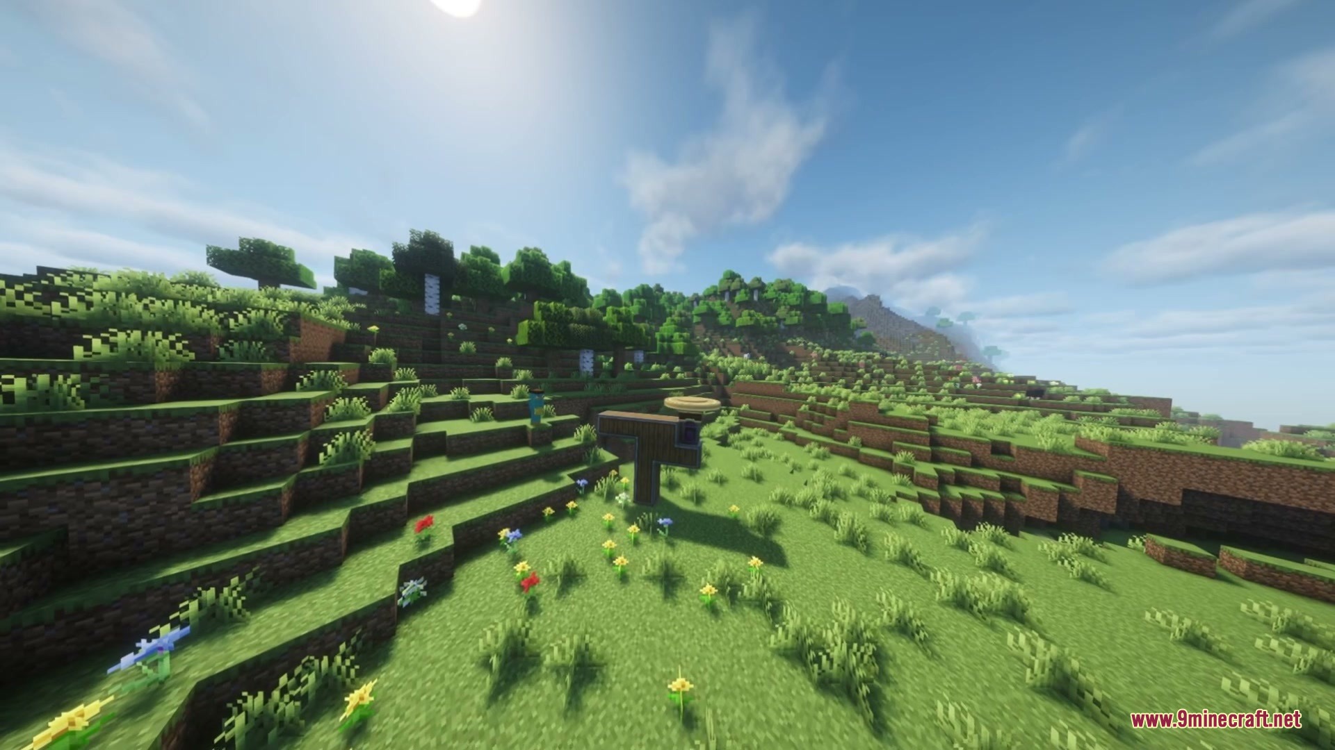 Create Aeroworks Mod Screenshot 9 A wooden joystick control module stands on a grassy hill in Minecraft