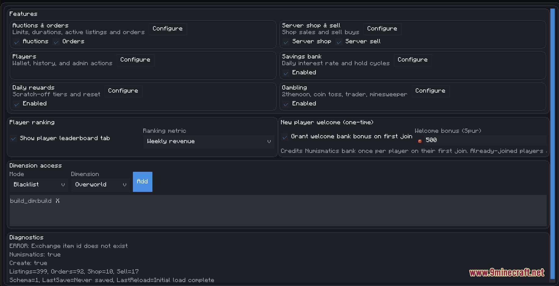 Create Auction House Mod Screenshot 1 Configuration screen for Create Auction House mod showing various economy settings