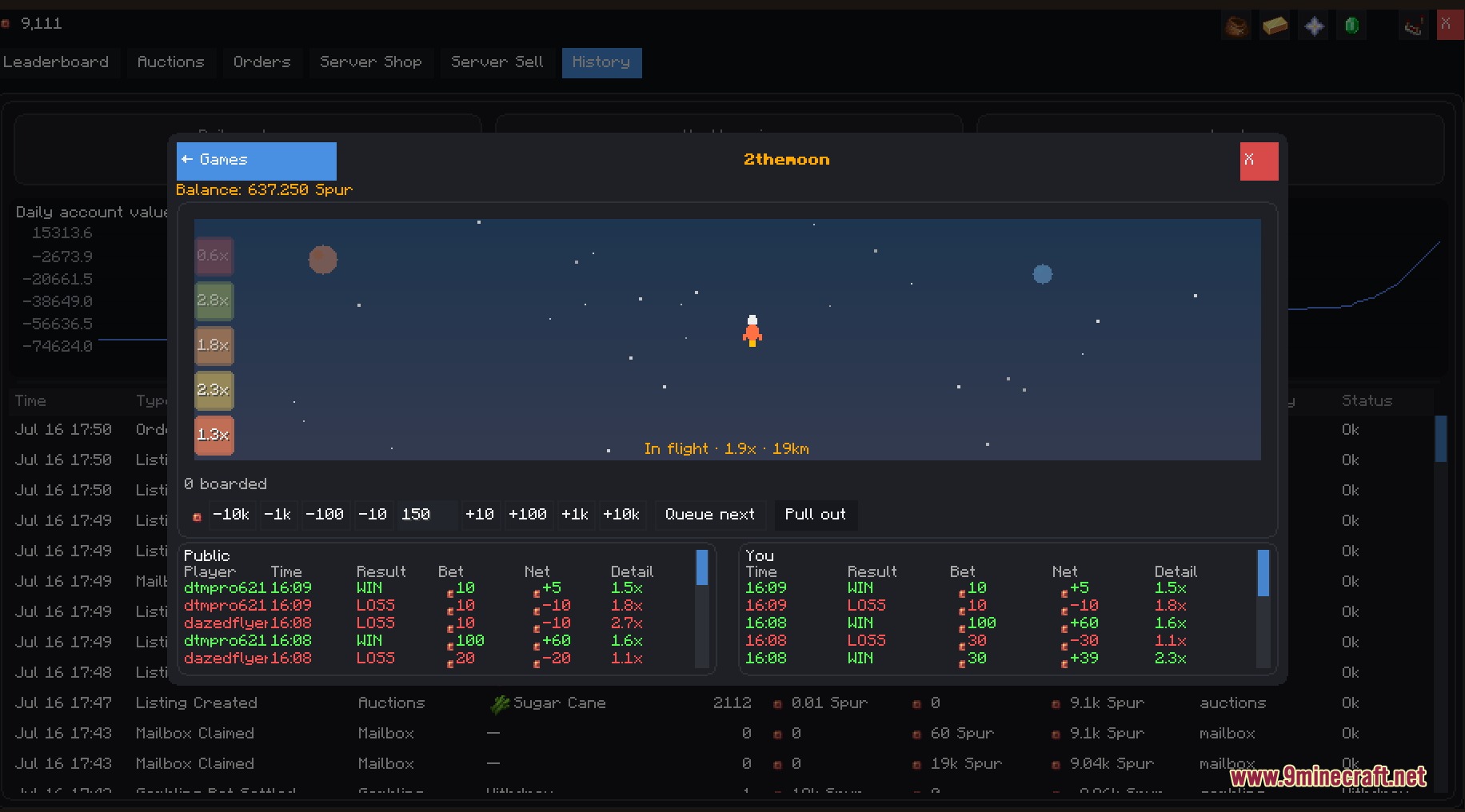 Create Auction House Mod Screenshot 2 Rocket themed gambling game interface showing flight progress and player betting history
