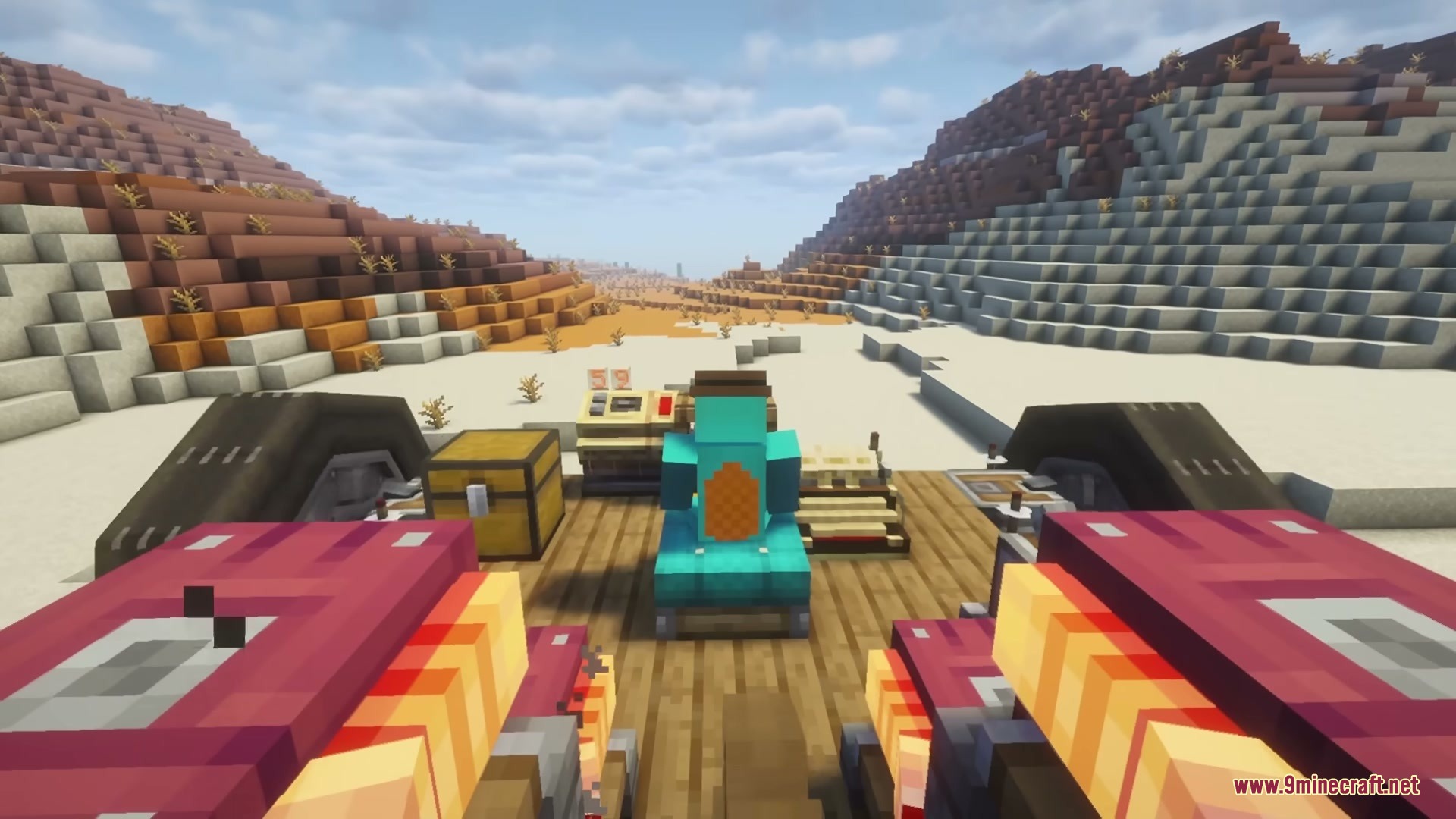 A large automated vehicle traveling through a desert biome in Minecraft