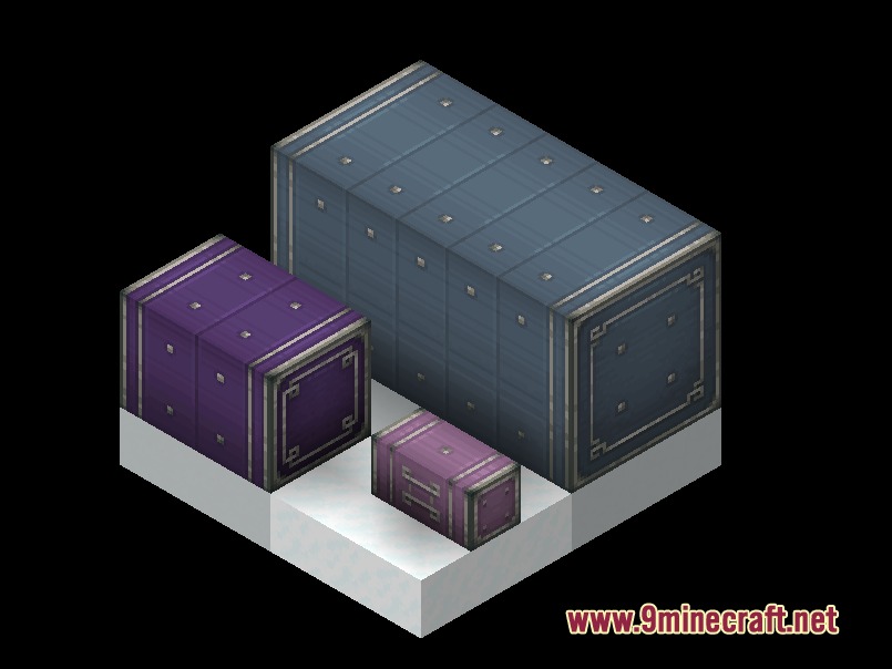 Three colored item vaults of different sizes displayed on a white platform