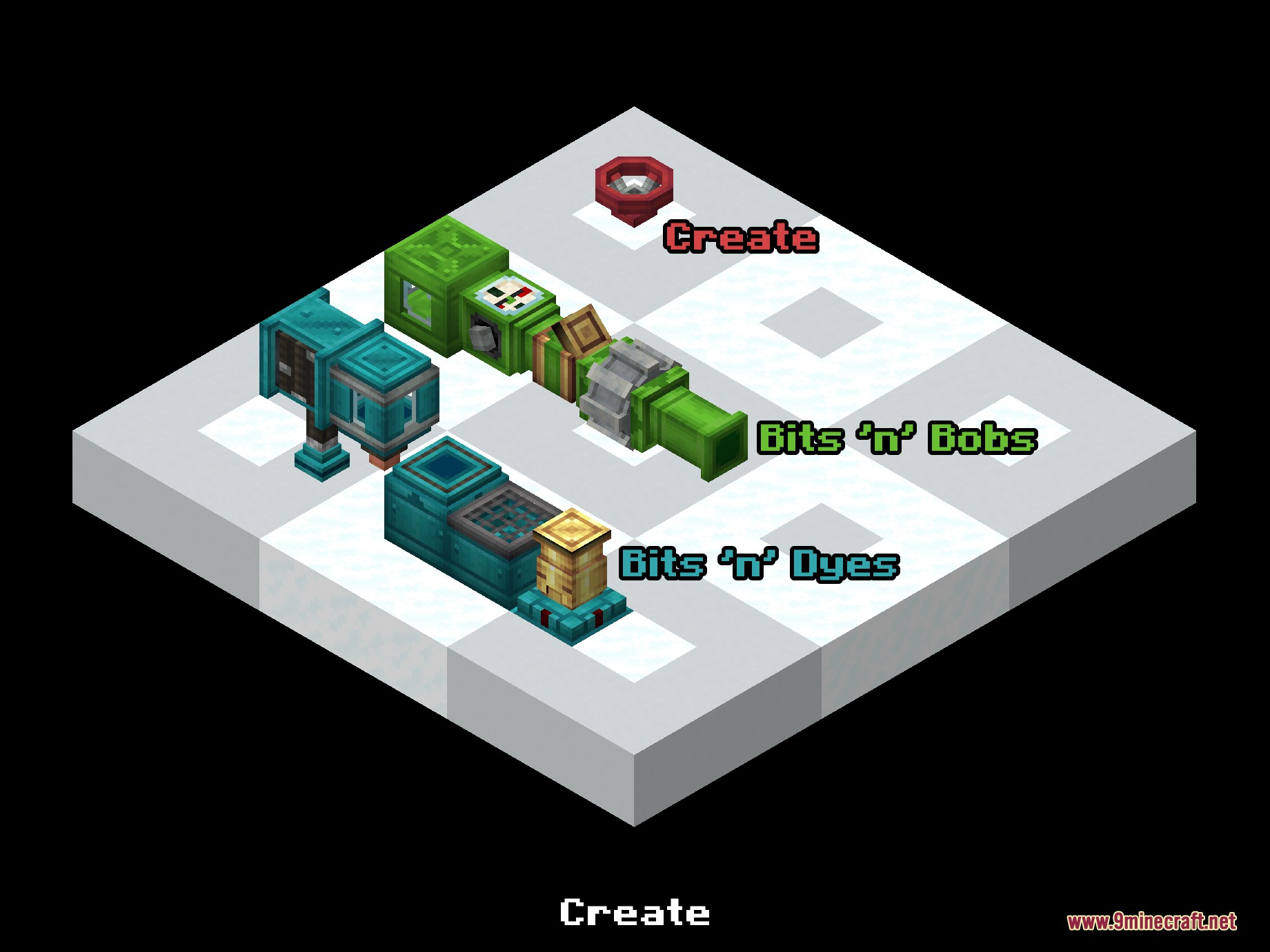 Various colored mechanical components and pipes from the Create Bits and Dyes mod