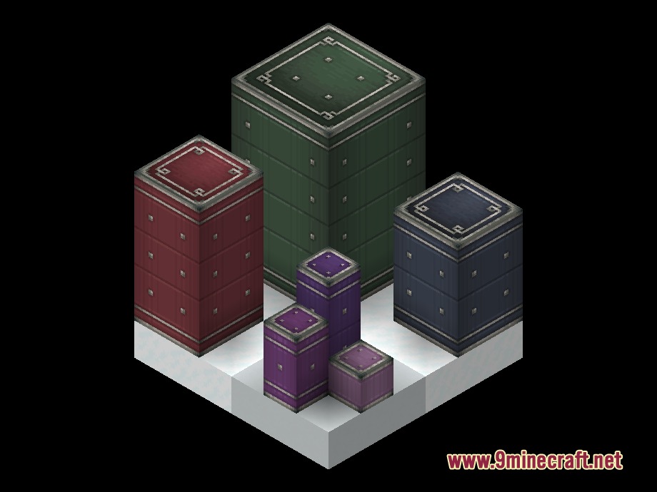 Various colored storage vaults showcasing the Create Bits and Dyes mod features
