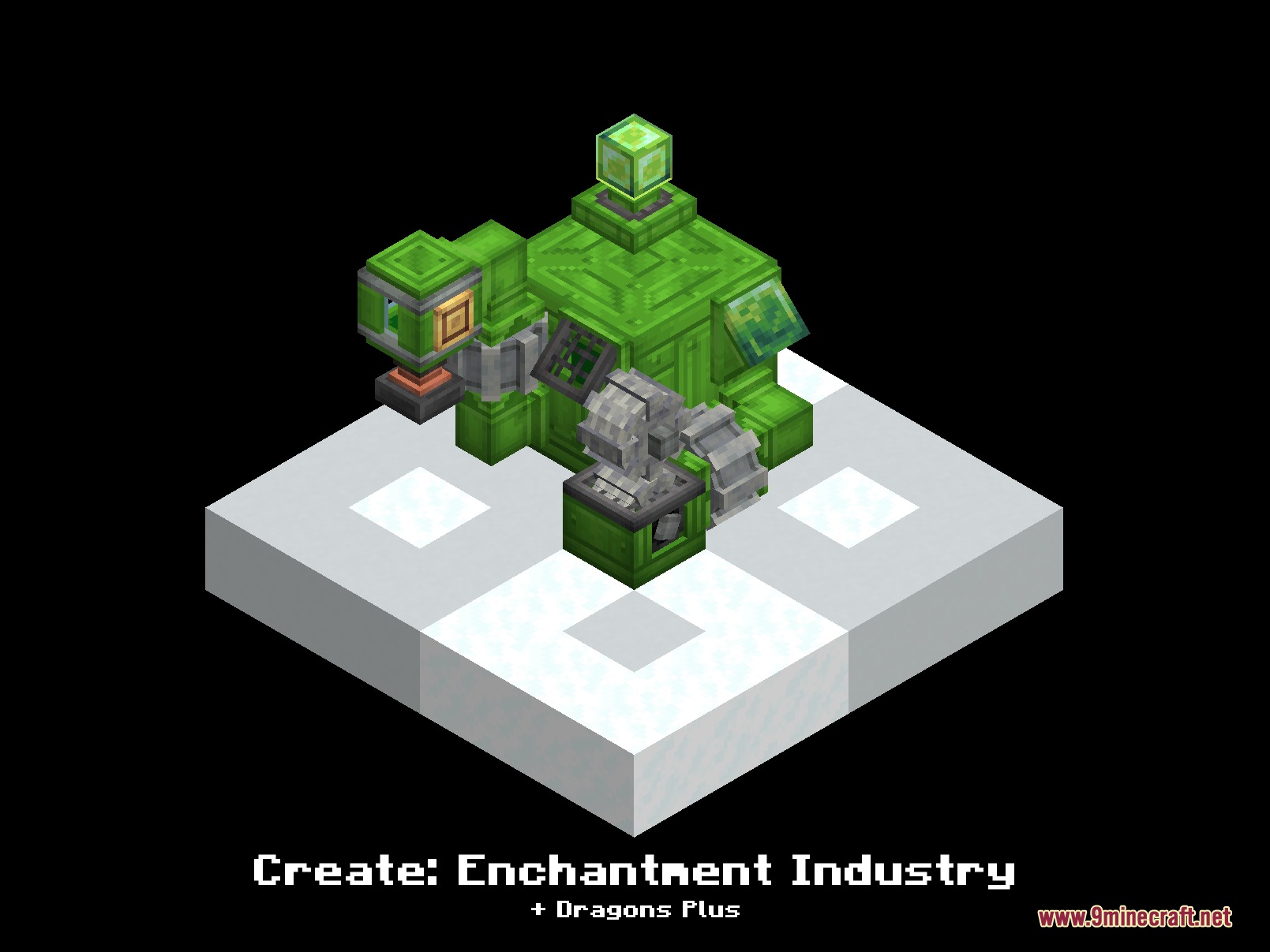 Green industrial machinery and pipes from the Create Enchantment Industry mod addon