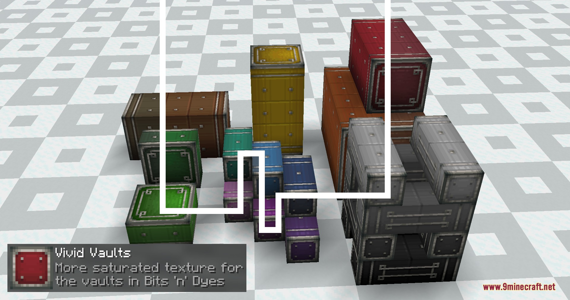 Various saturated colored storage vaults from the Create Bits n Dyes mod