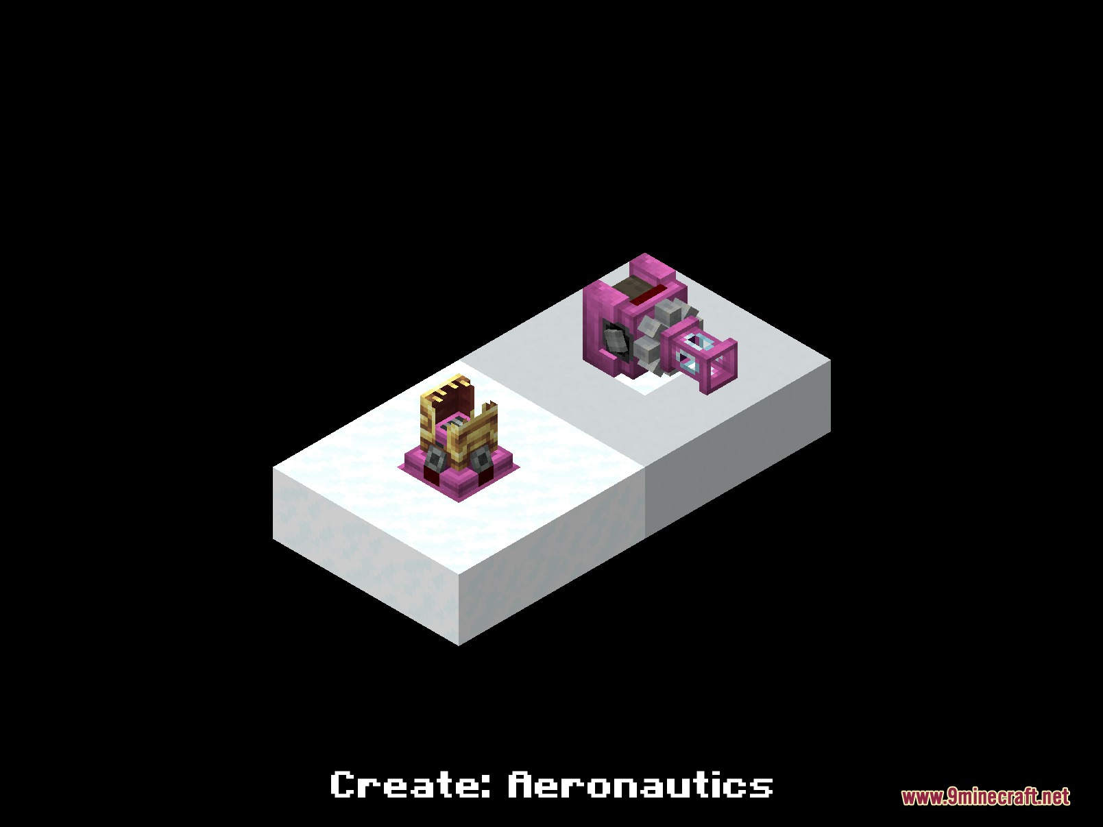 Pink dyed mechanical components for flying vessels on a white platform