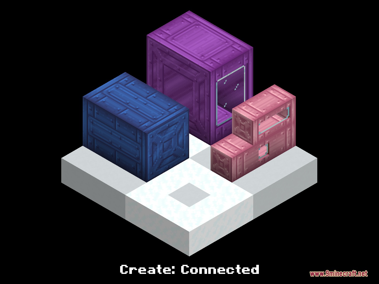 Three colored item vaults from the Create Connected addon on white blocks