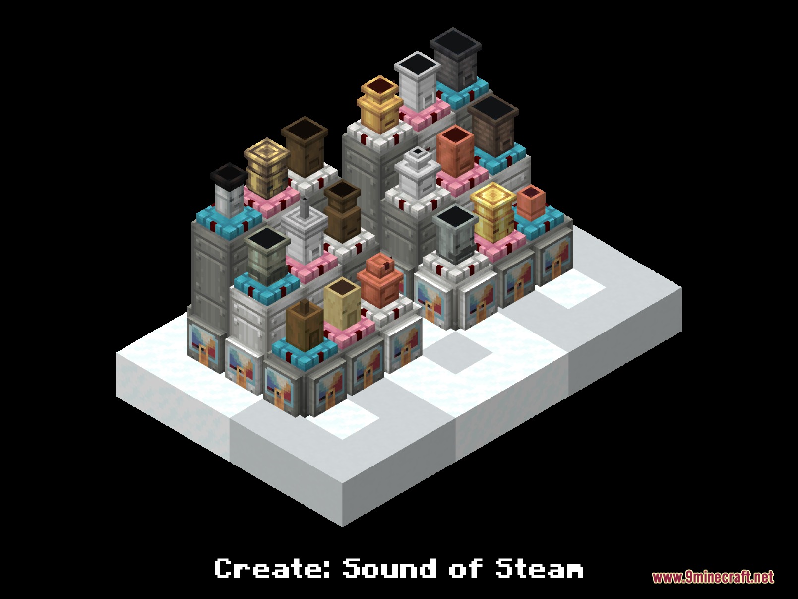 A collection of colorful steam whistles and machine components on white blocks