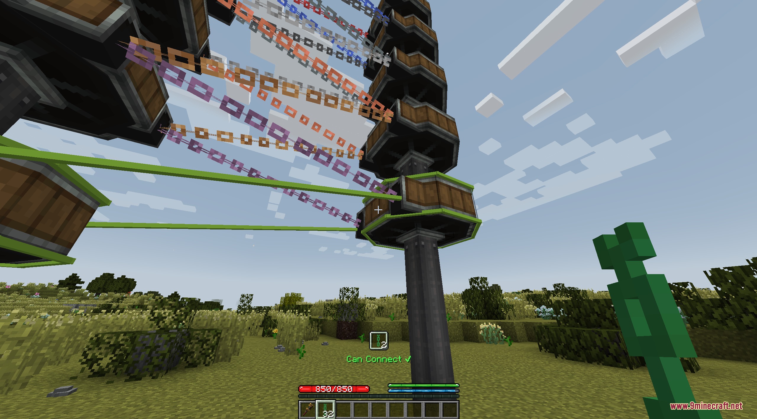 Create Chain Conveyors Compat Mod Screenshot 3 Multiple vertical and horizontal chain conveyors connecting wooden barrels in a field