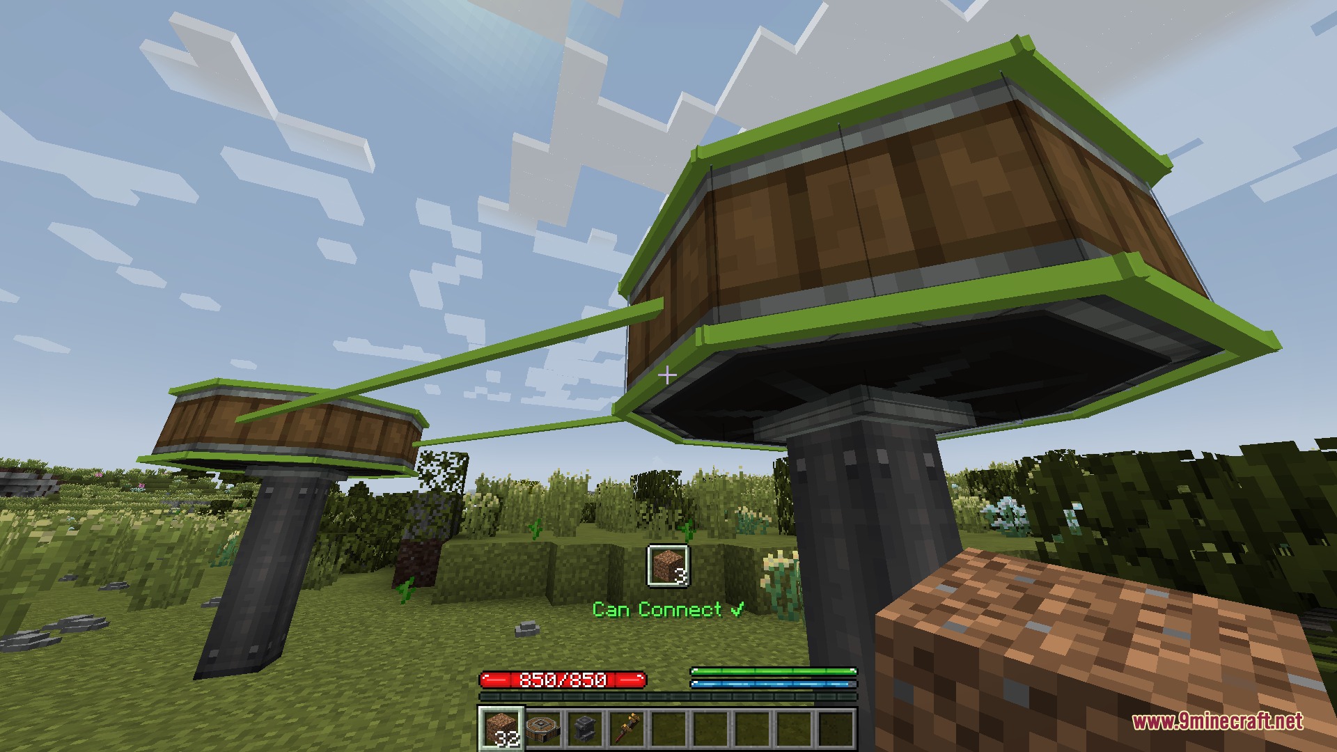 Create Chain Conveyors Compat Mod Screenshot 4 Two wooden barrels connected by green ropes using the chain conveyor system