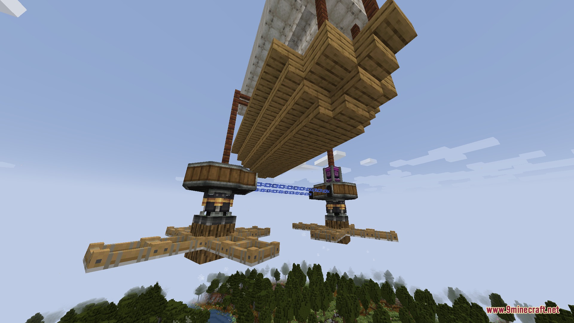 Create Chain Conveyors Compat Mod Screenshot 7 Large wooden airship with blue chain conveyors connecting mechanical parts in the sky