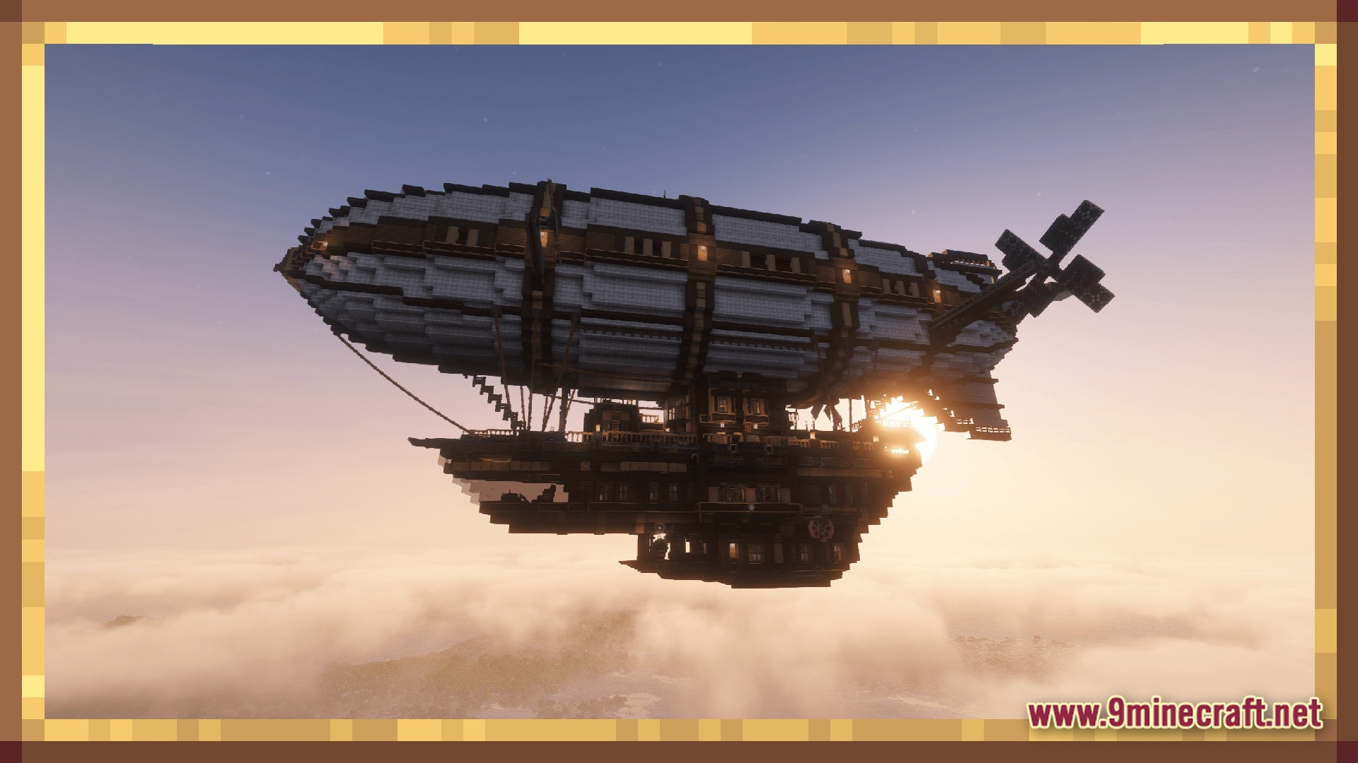 Create Colonies AERONAUTICS Modpack Screenshot 10 A large steampunk airship with a white balloon and wooden gondola flies above the clouds
