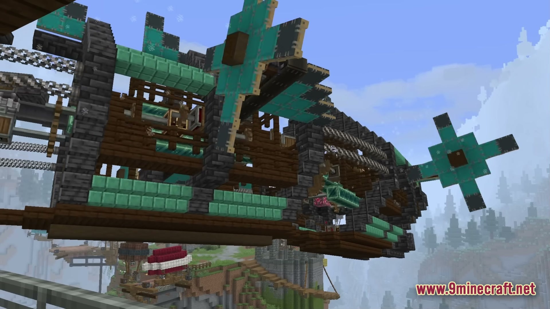 Create Colonies AERONAUTICS Modpack Screenshot 2 A large steampunk airship with teal propellers floats above a mountainous Minecraft landscape