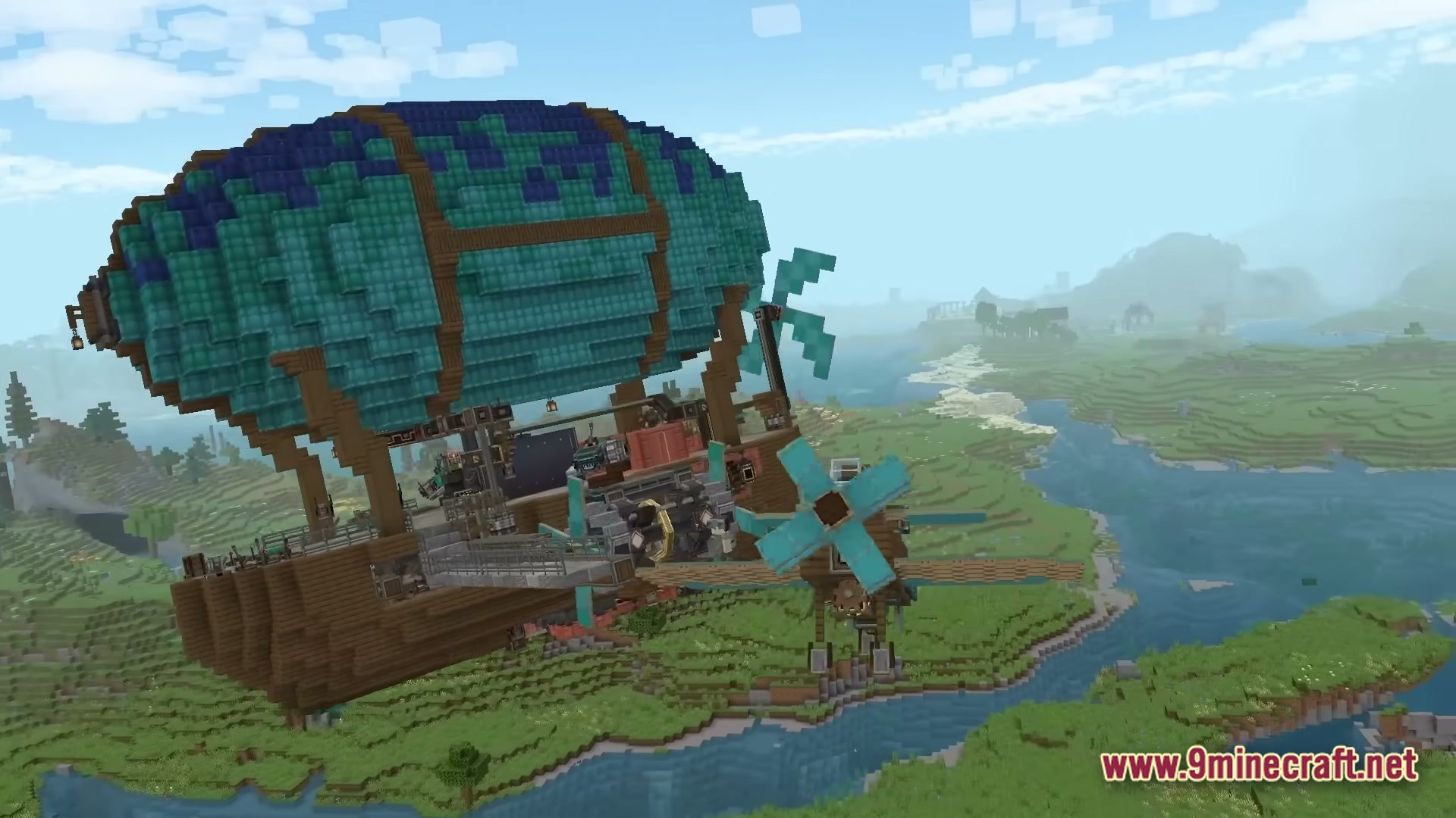Create Colonies AERONAUTICS Modpack Screenshot 3 A large steampunk airship with teal balloons flies over a river and green plains biome