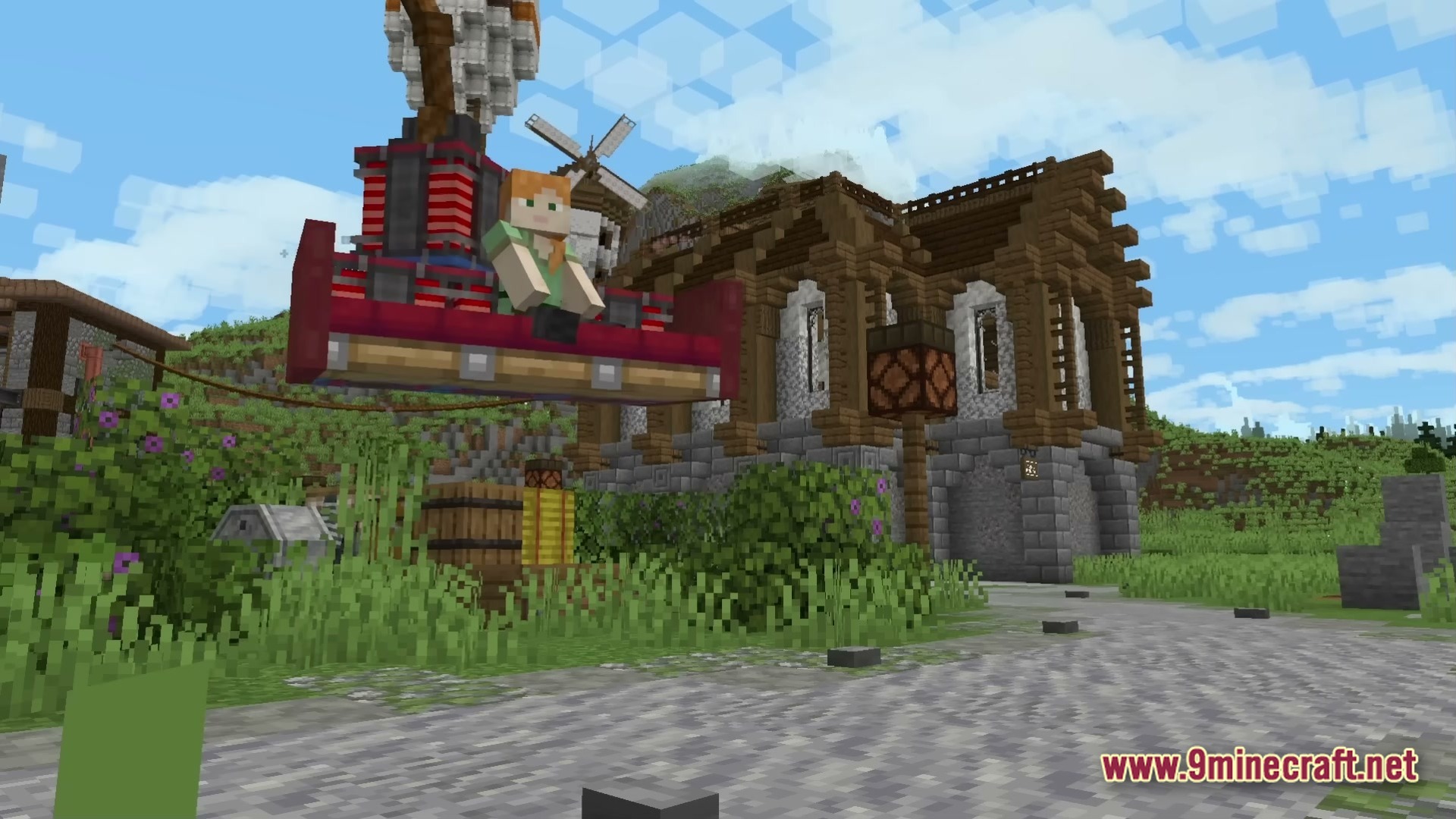 Create Colonies AERONAUTICS Modpack Screenshot 4 A player character sits on a flying machine in front of a large wooden building