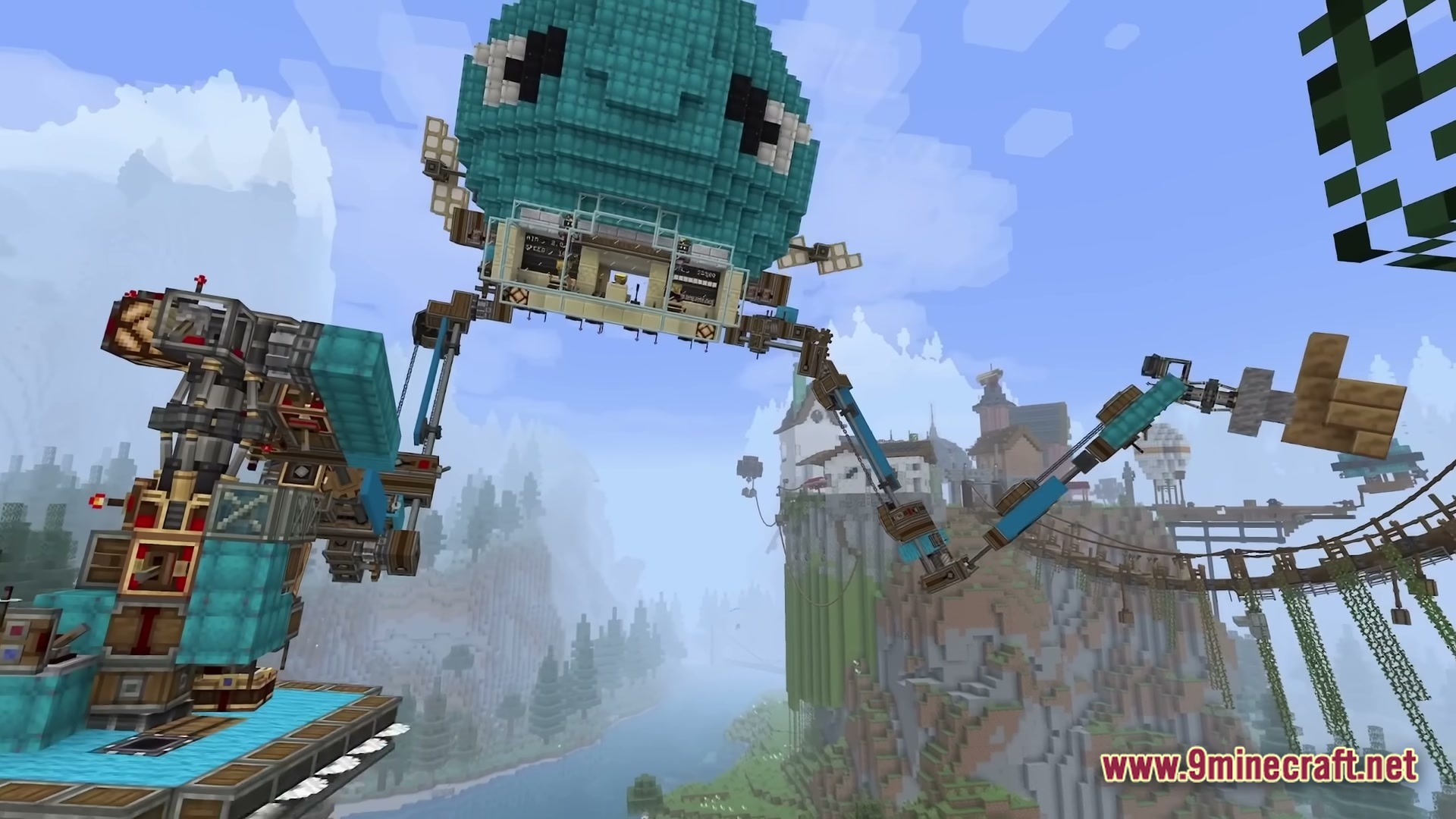 Create Colonies AERONAUTICS Modpack Screenshot 5 A large mechanical airship with articulated arms hovers over a mountainous landscape and village