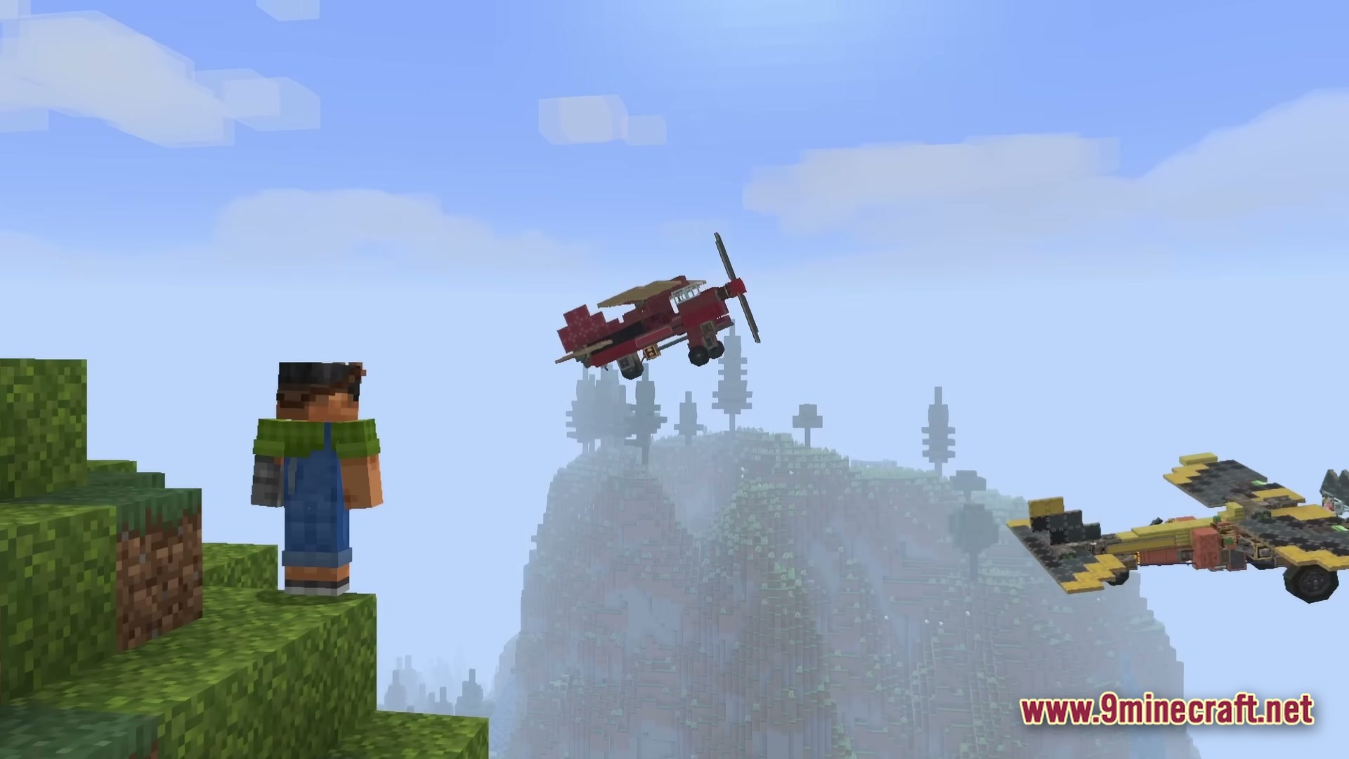 Create Colonies AERONAUTICS Modpack Screenshot 6 A player character watches two custom-built aircraft flying over a mountainous Minecraft biome