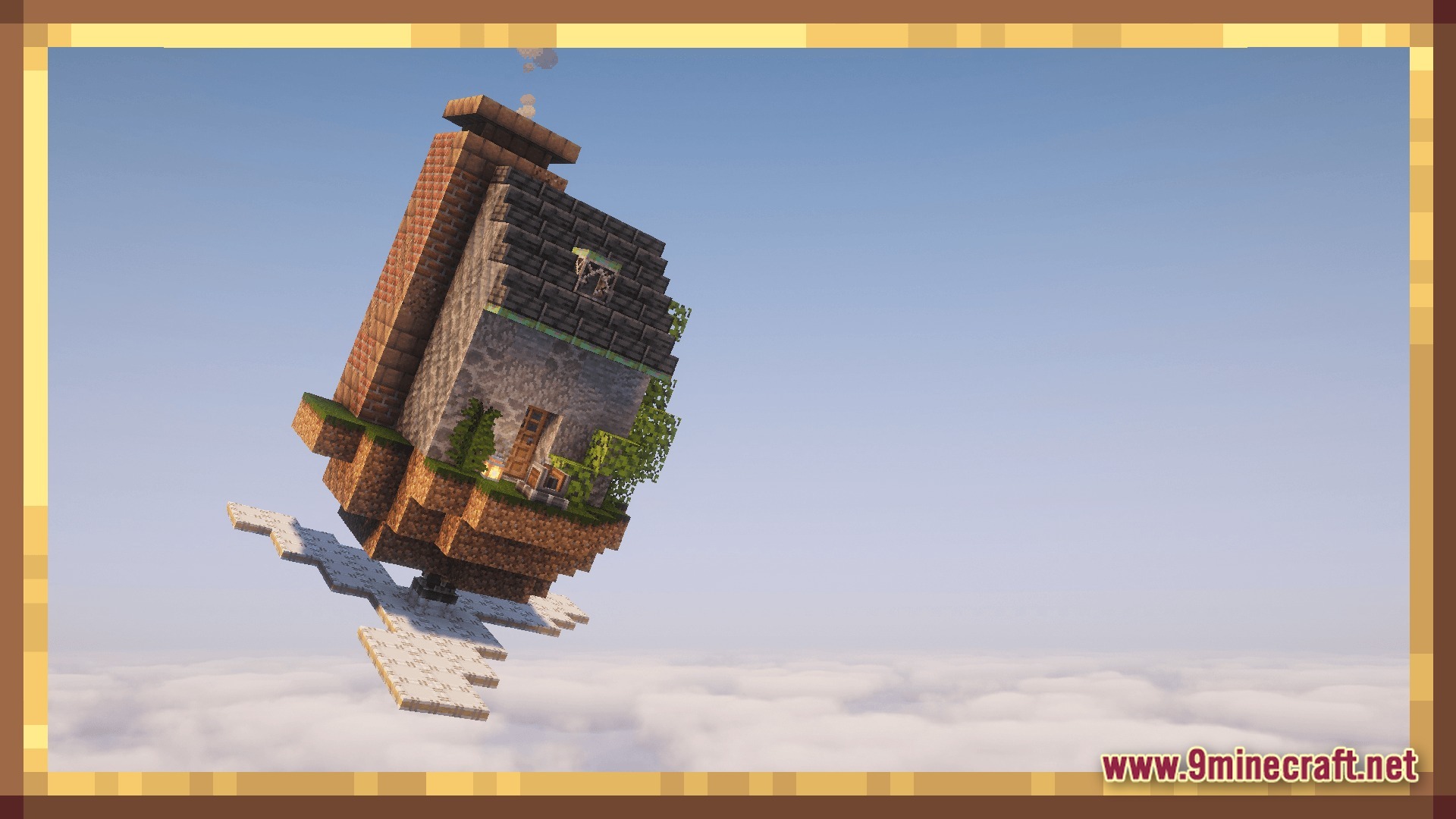 Create Colonies AERONAUTICS Modpack Screenshot 8 A small stone house with a brick chimney floating at an angle above the clouds