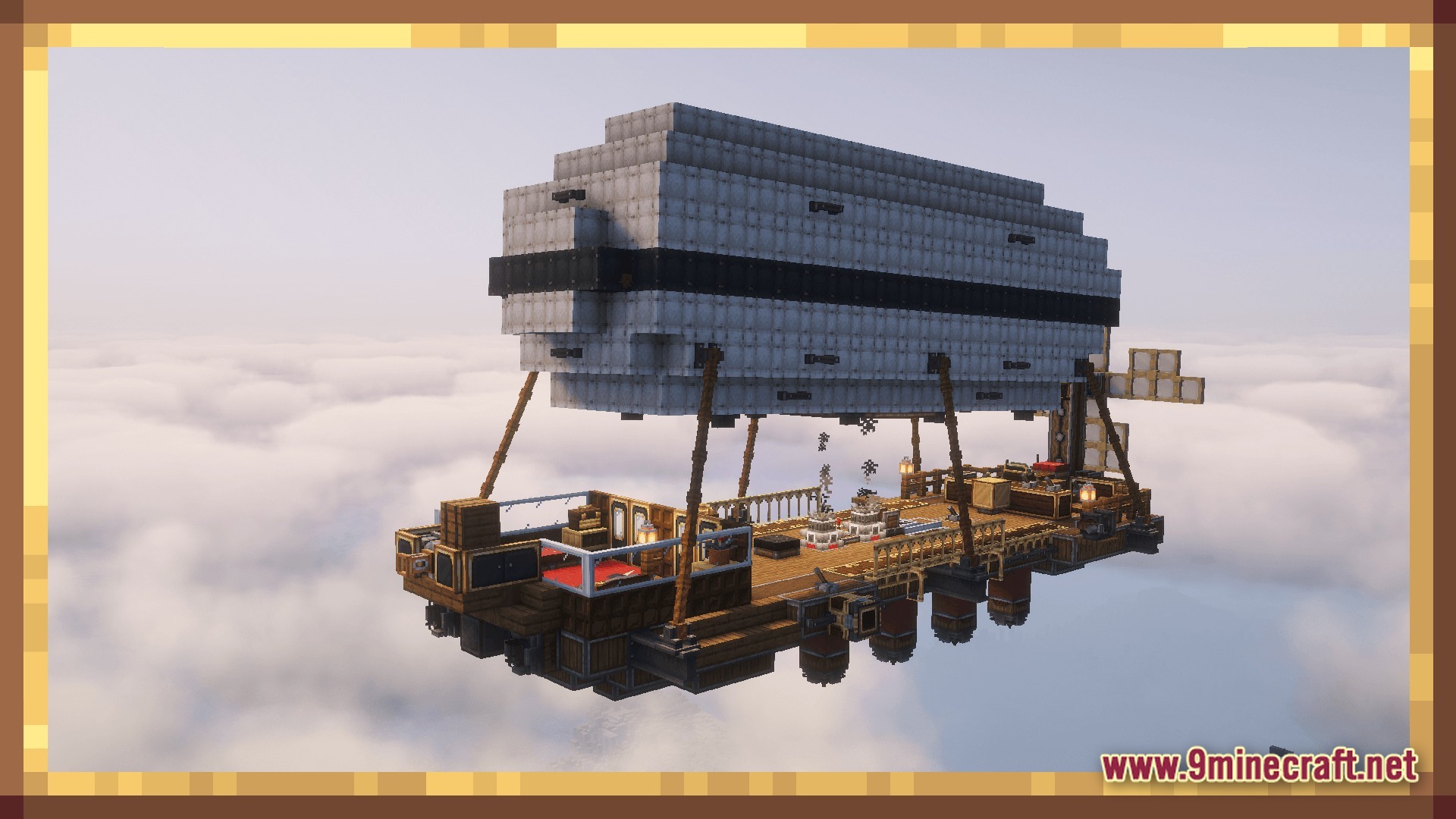 Create Colonies AERONAUTICS Modpack Screenshot 9 A large steampunk airship with a wooden deck and white balloon flying above a cloud layer