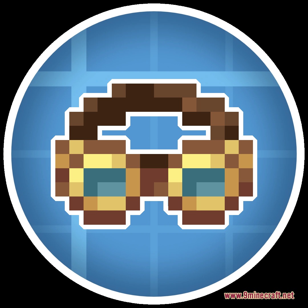 A pair of pixelated goggles displayed inside a blue circle with grid lines