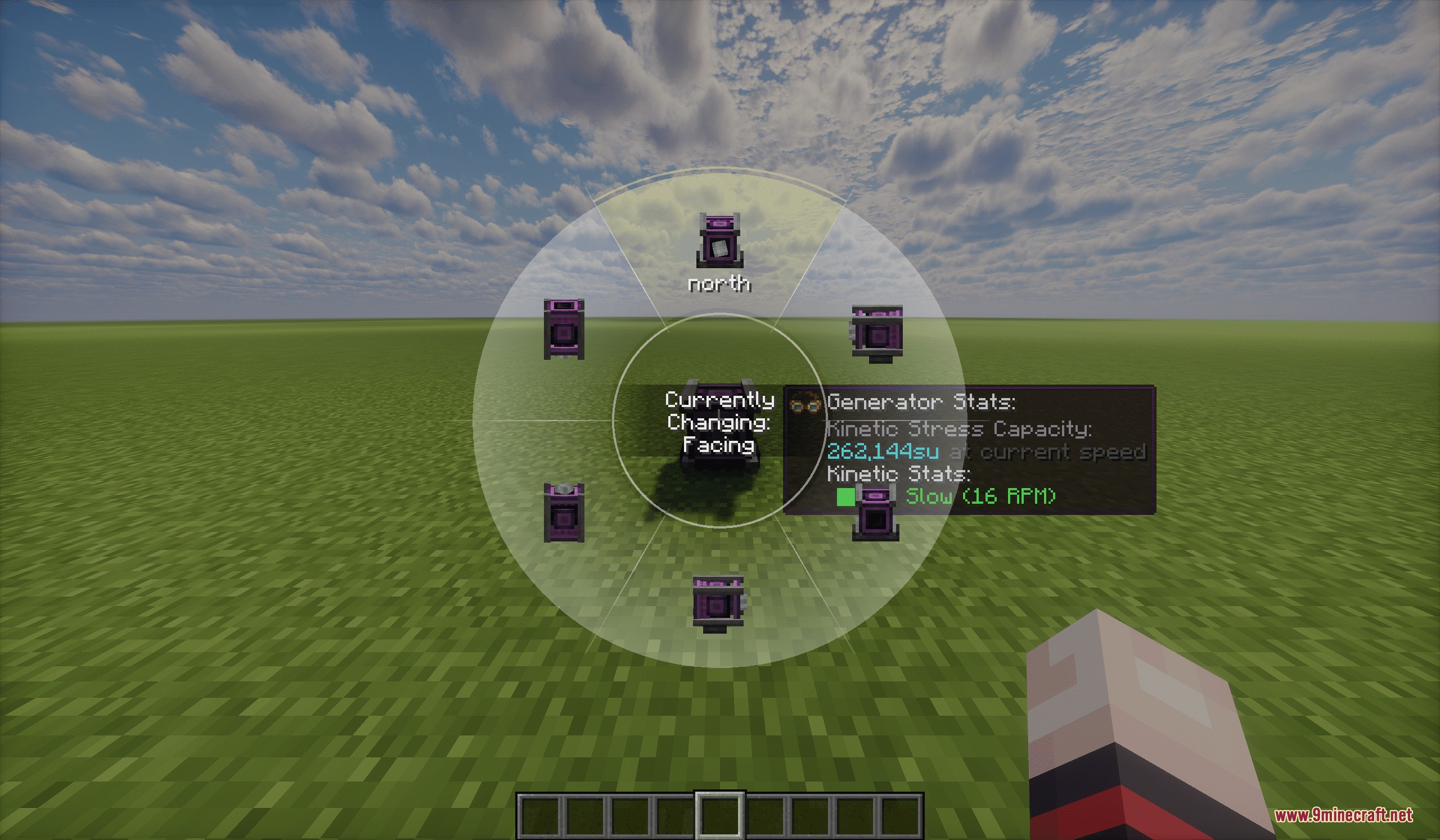 A radial menu displays kinetic stats and rotation settings for a creative motor