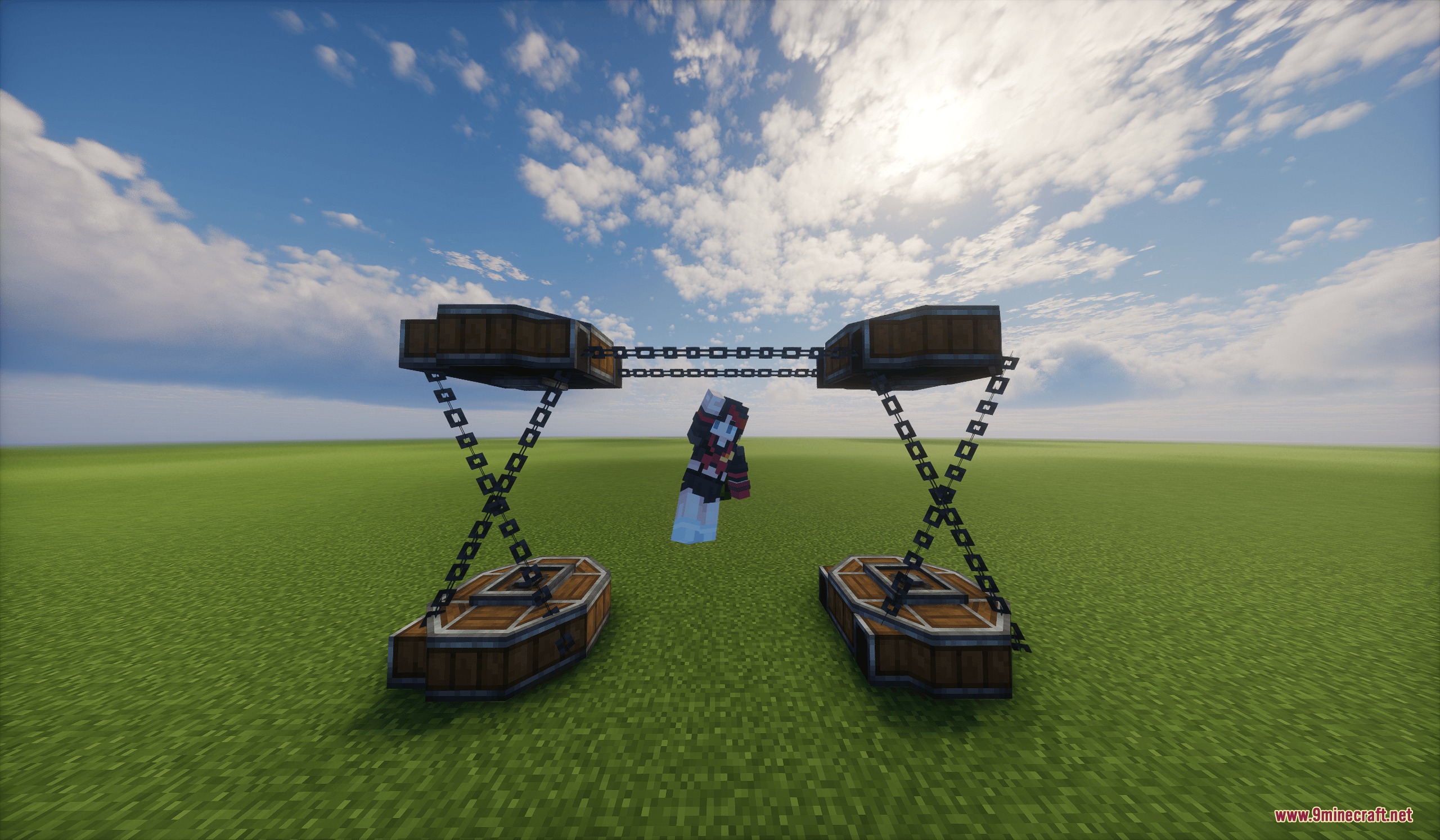 Player character floating between four wooden chests connected by metal chain conveyors
