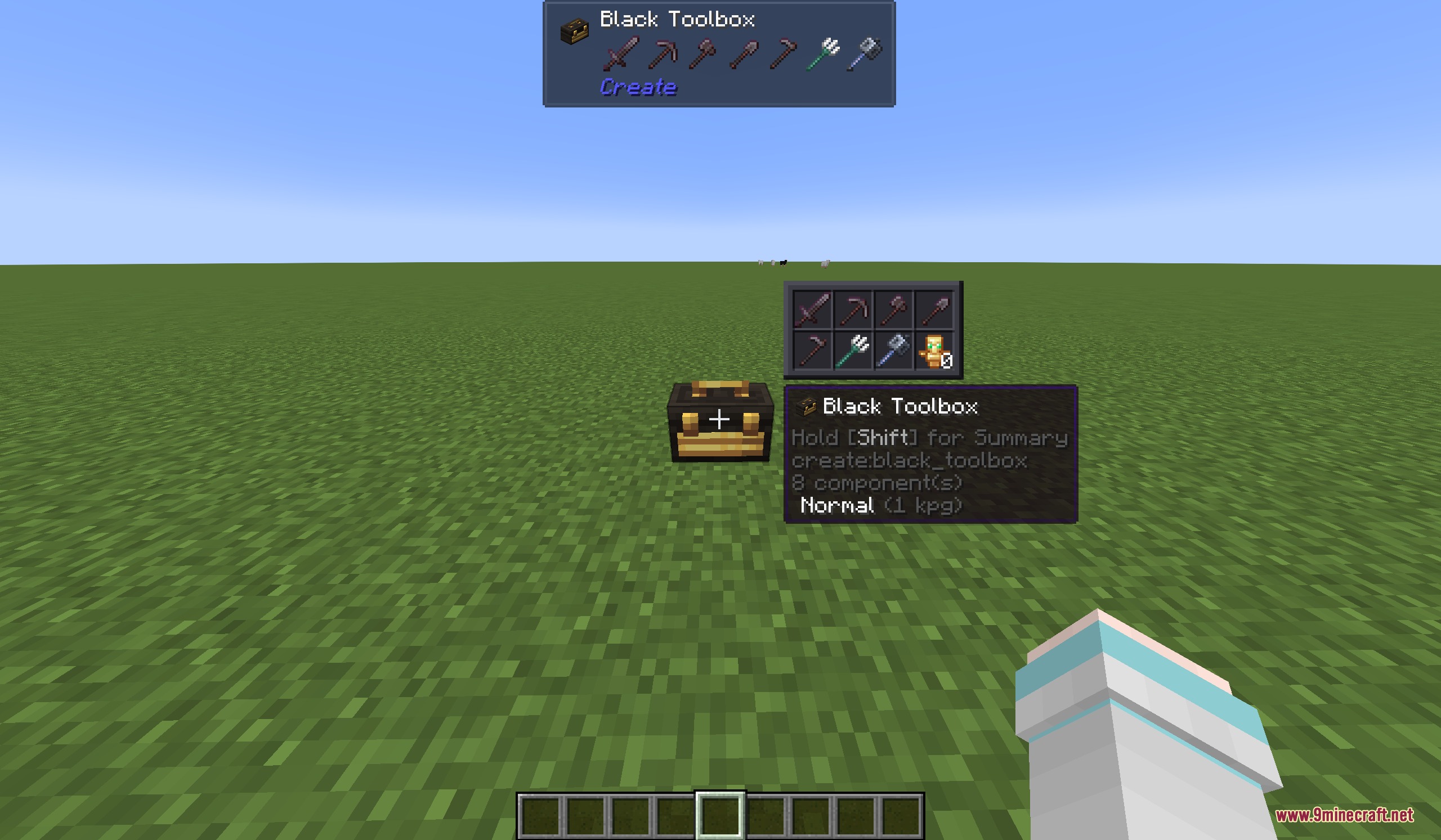 Create Cyber Goggles mod displaying tools stored inside a black toolbox on grass