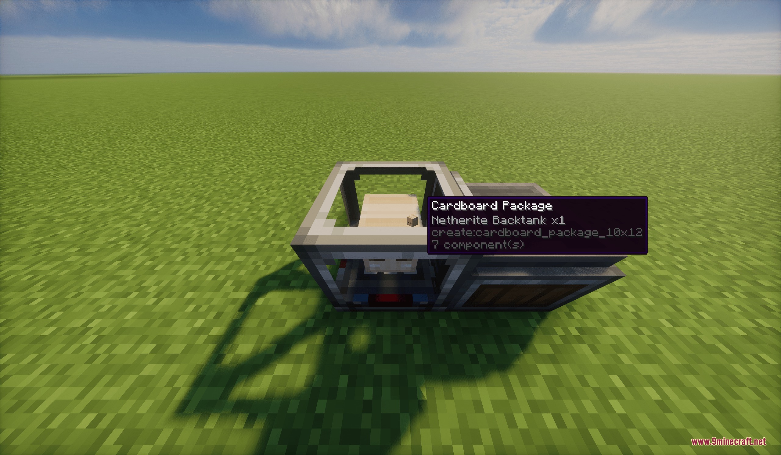 A cardboard package on a machine displaying its stored netherite backtank via tooltip