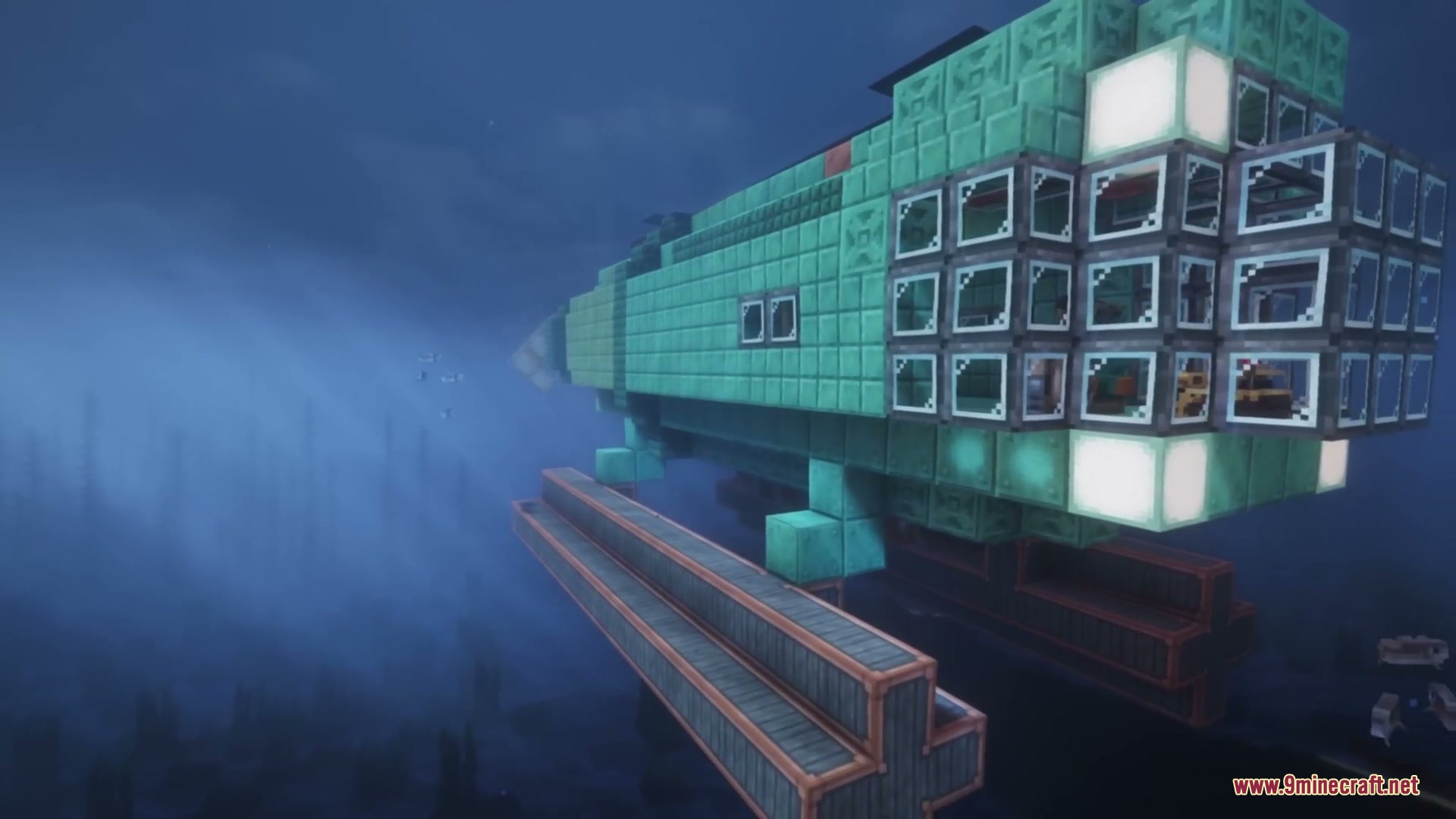 Create Deep Seas Mod Screenshot 1 A large submarine from the Create Deep Seas mod navigating the ocean