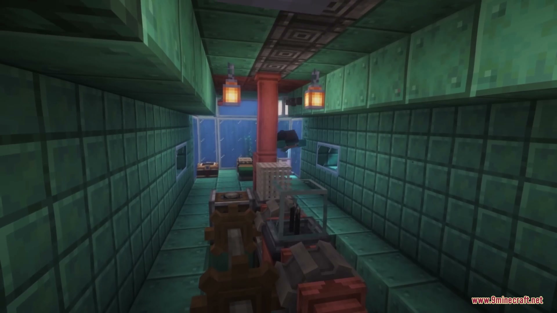 Create Deep Seas Mod Screenshot 3 A hallway inside an oxidized copper submarine with mechanical gears and lanterns