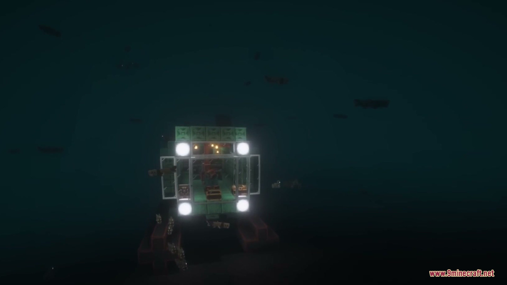 Create Deep Seas Mod Screenshot 6 A green submarine with glowing lights exploring the dark depths of the ocean