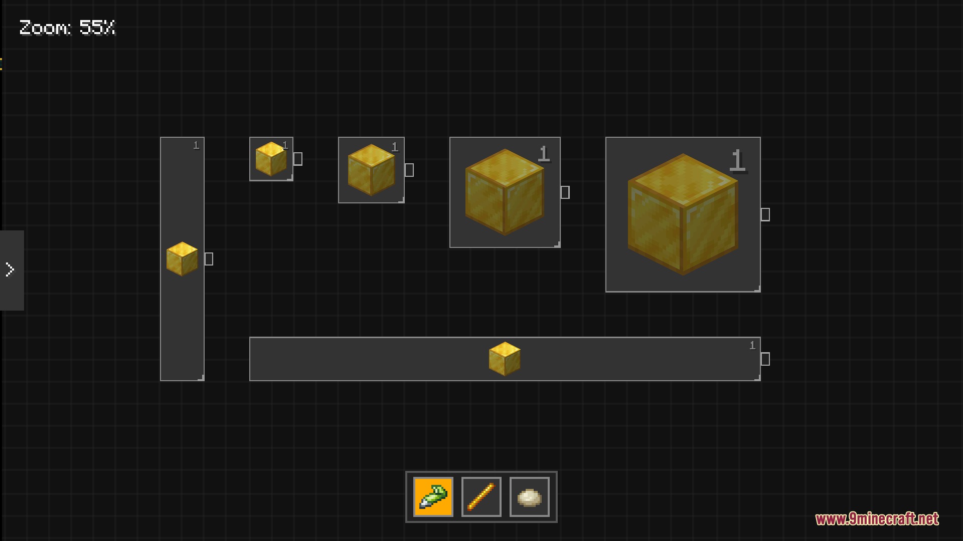Placing and resizing gold block icons on a grid for factory planning