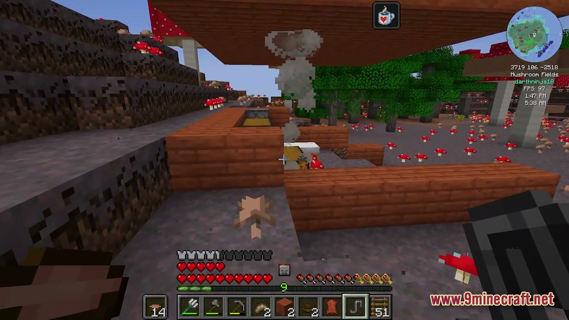 Create Forge Frontier Modpack Screenshot 1 A player builds a wooden structure in a Mushroom Fields biome with smoke rising nearby