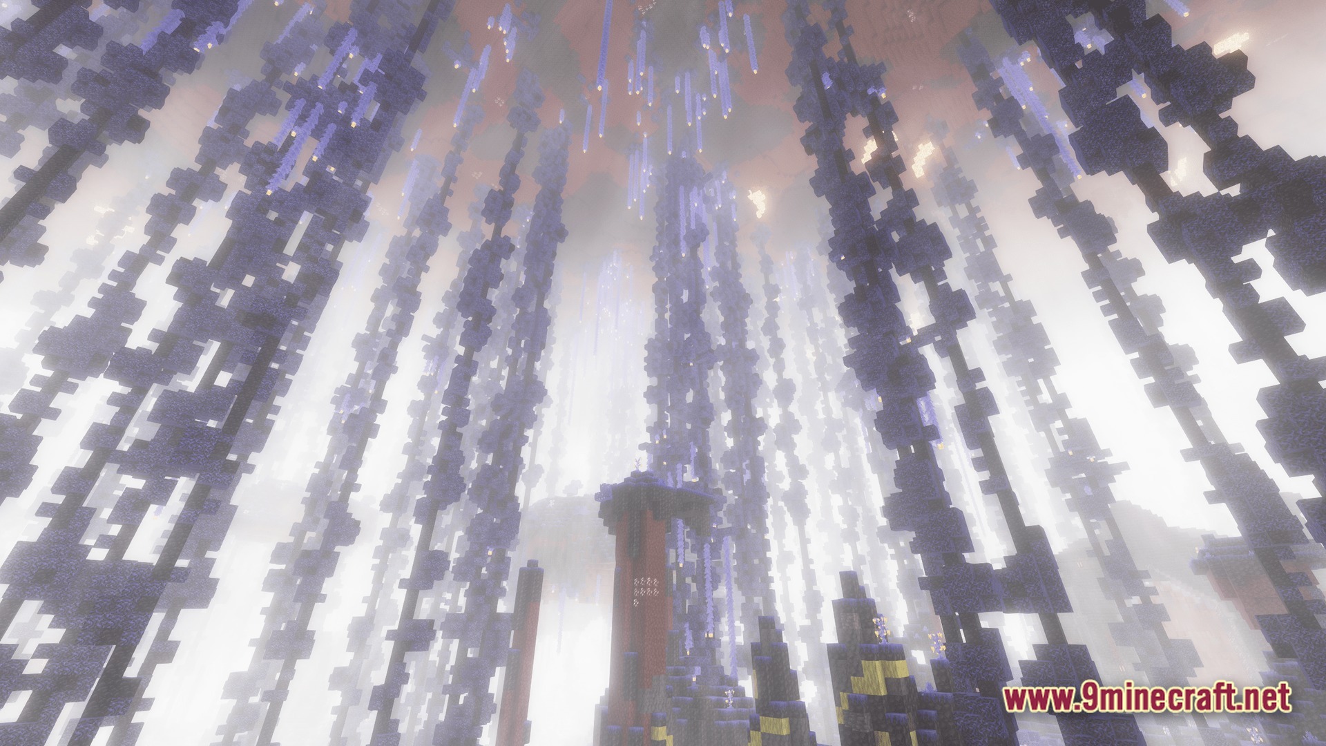 Create Forge Frontier Modpack Screenshot 10 Large purple crystalline pillars and hanging vines within a foggy cavern in the BetterEnd mod