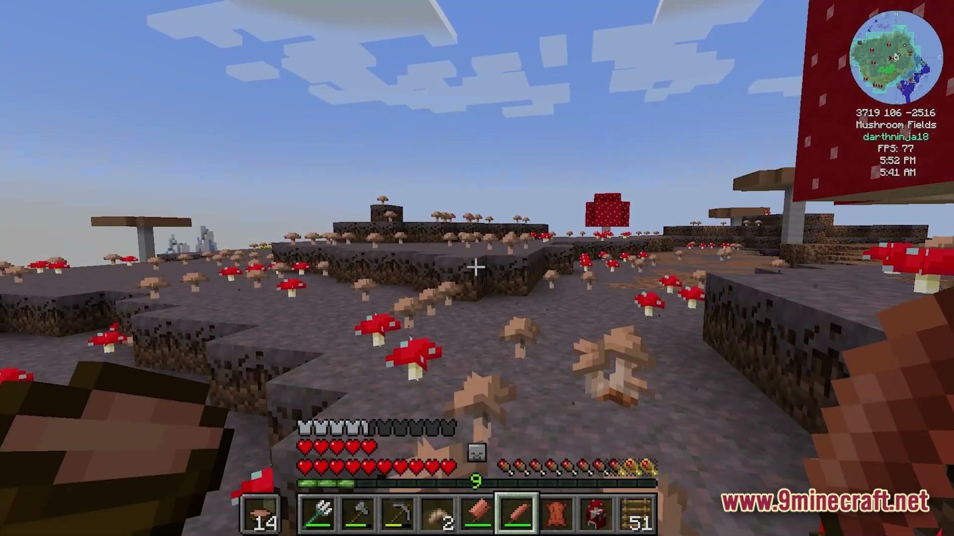 Create Forge Frontier Modpack Screenshot 2 A first-person view of a Mushroom Fields biome featuring mycelium, various mushrooms, and giant fungal structures