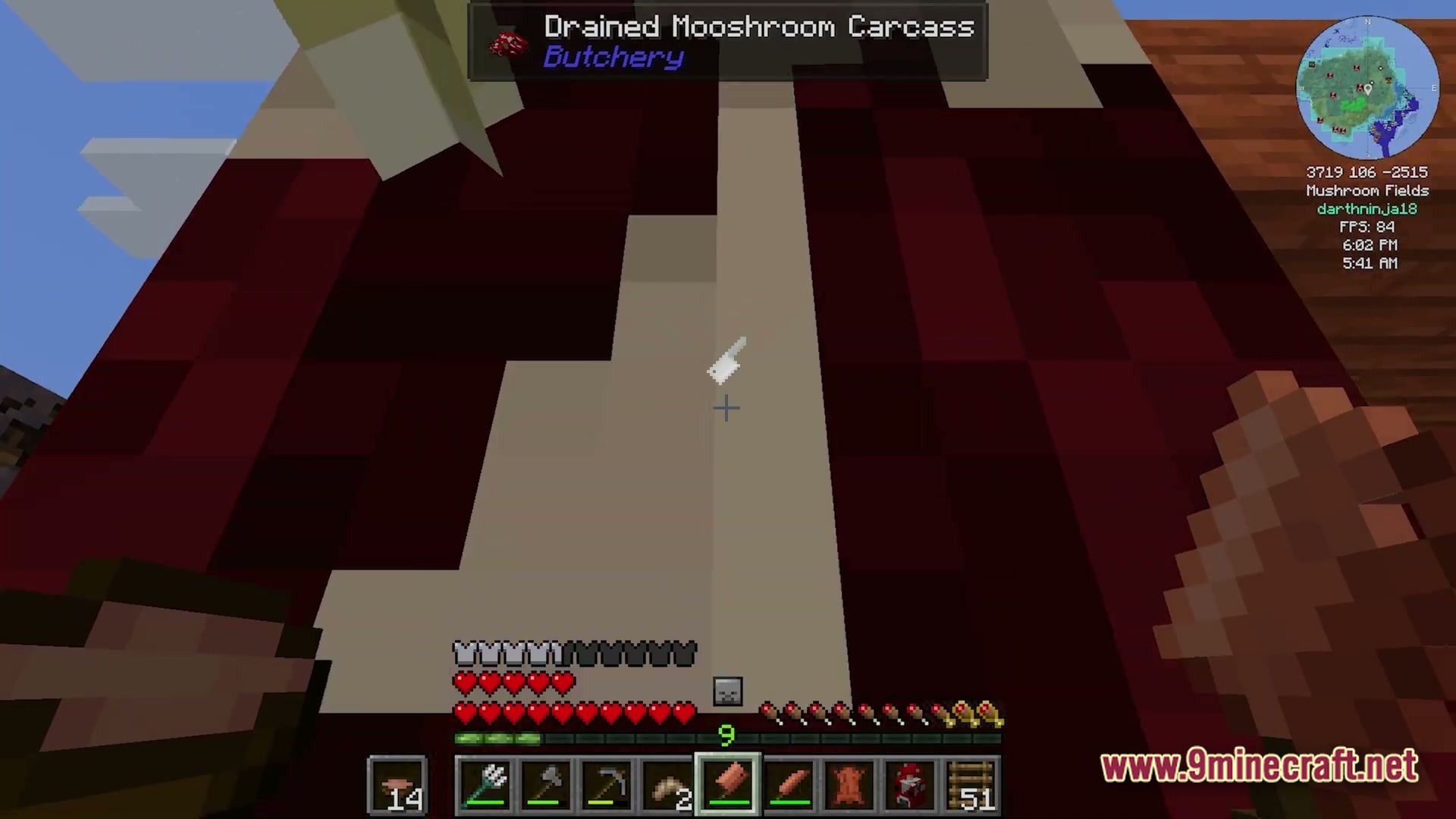 Create Forge Frontier Modpack Screenshot 3 A player interacts with a Drained Mooshroom Carcass using the Butchery mod in a Mushroom Fields biome