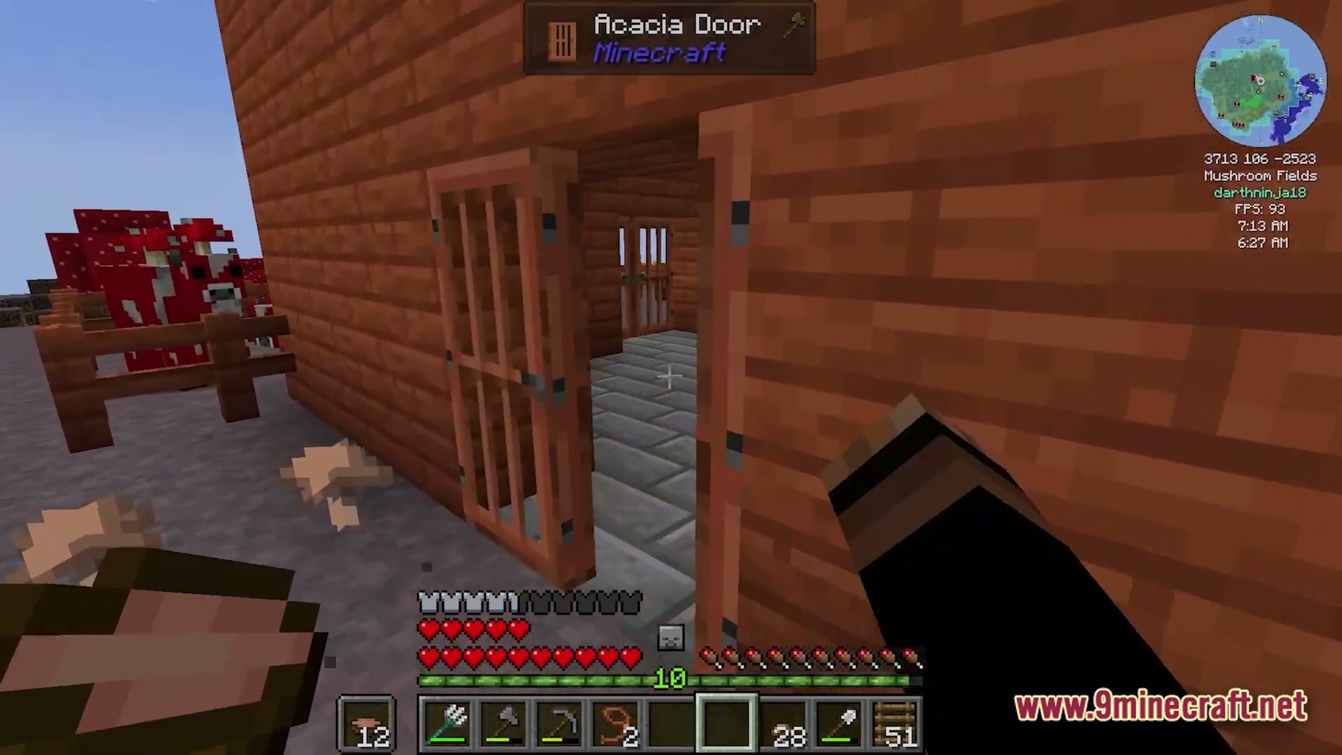 Create Forge Frontier Modpack Screenshot 5 A player stands before an open acacia door of a wooden building in a mushroom biome